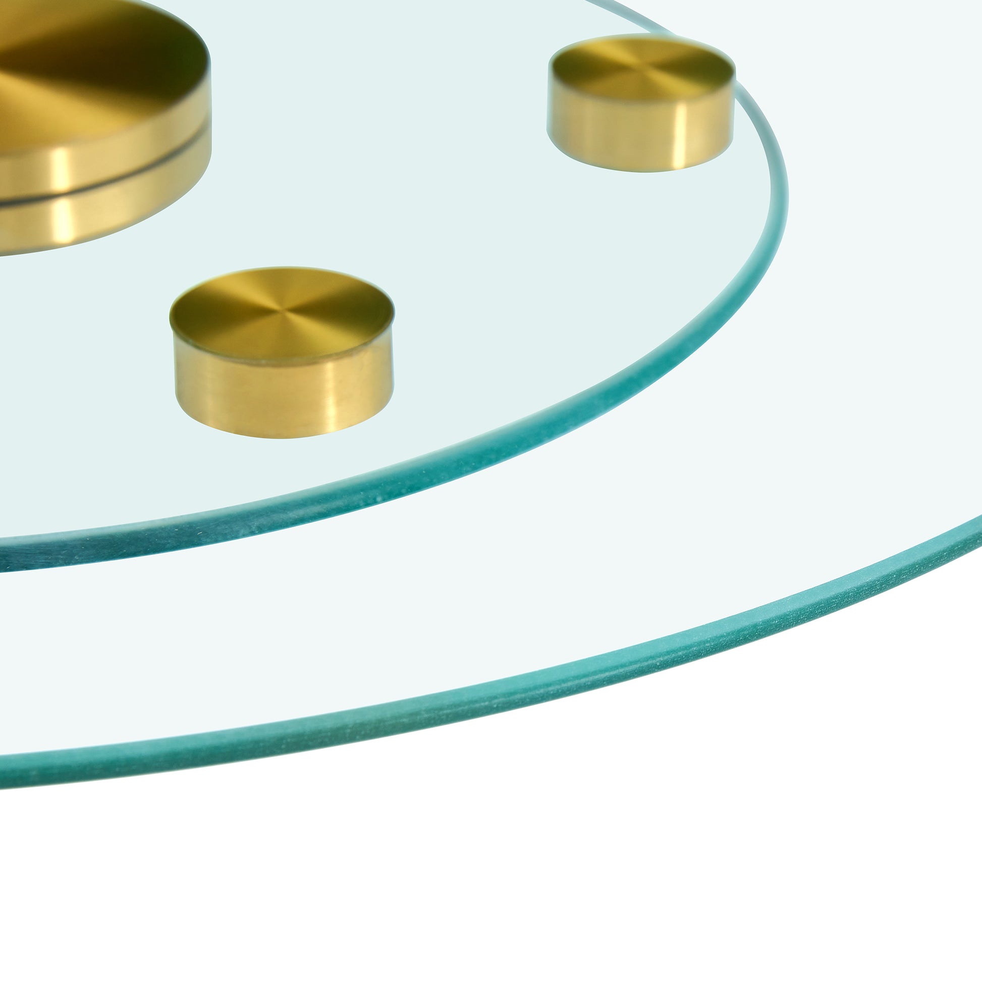 Double Layer Rotatable Round Glass.Golden Aluminum Plate,The Rotatable Design Makes It Convenient To Retrieve And Place Items.The Upper Glass Has A Diameter Of 20 Inches,The Lower Glass15 Inches.