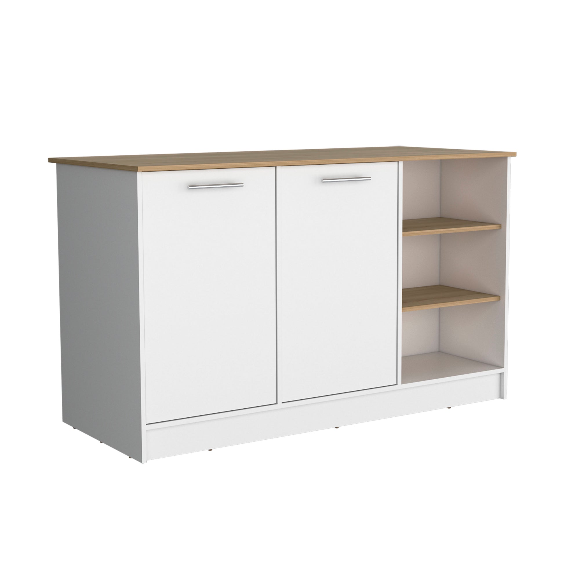 Kitchen Island Two Cabinets, Three Open Shelves, White Natural Oak Multicolor Solid Wood Mdf Engineered Wood