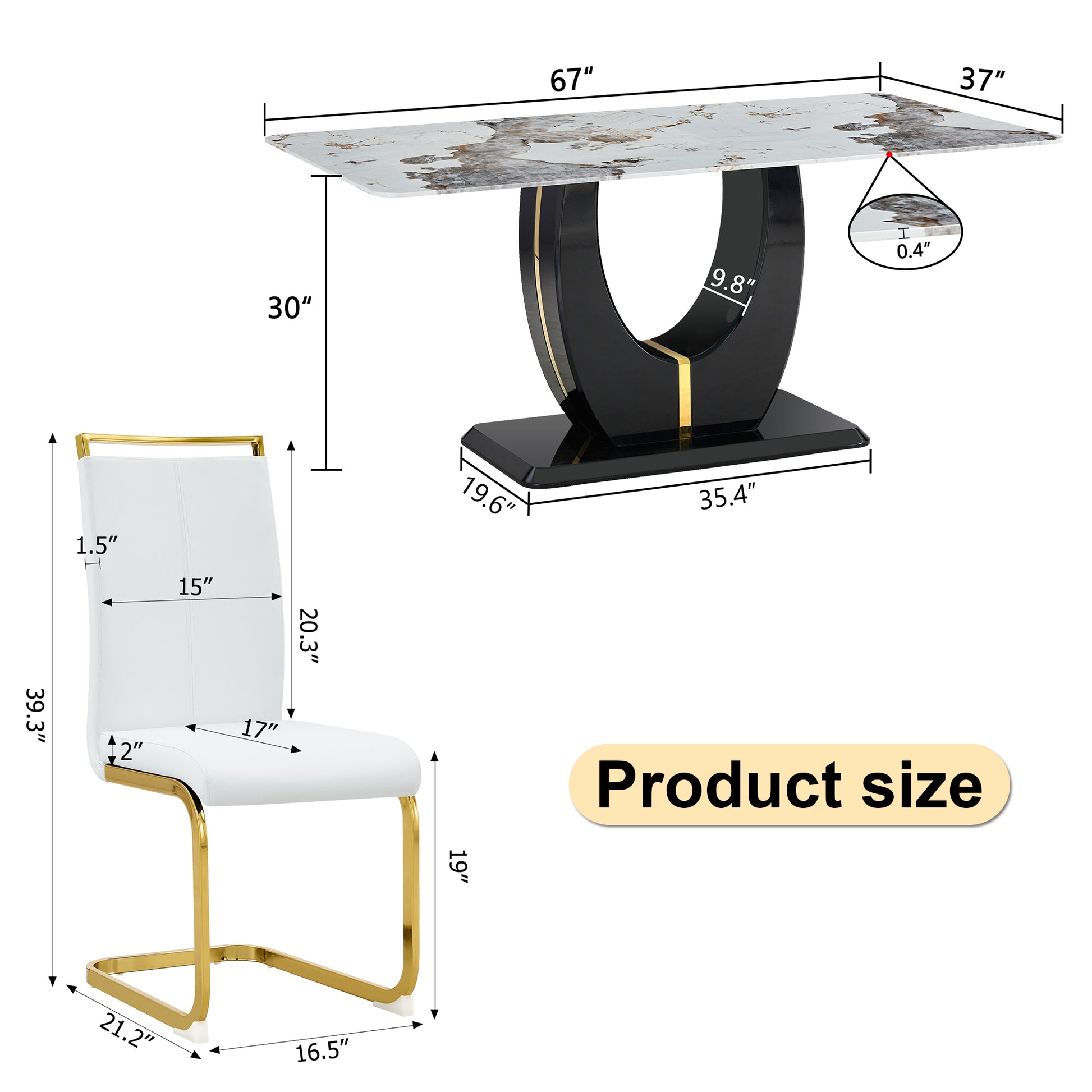 Table And Chair Set, Modern Dining Table, Patterned Table Top And Black Mdf Tablel Eg, Soft And Comfortable Dining Chair, Perfect For Dinner, Meetings, Home And Office Decor White Black Mdf Glass