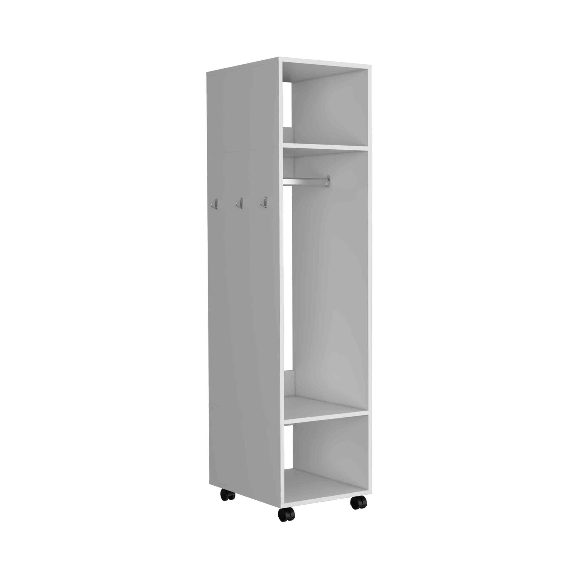 Cluster 63" Tall Wardrove With Mirror, Three Shelves, Casters And Hanging Rod, Armoire, Bedroom Clothes Storage, Cabinet Organizer White Bedroom Modern Particle Board