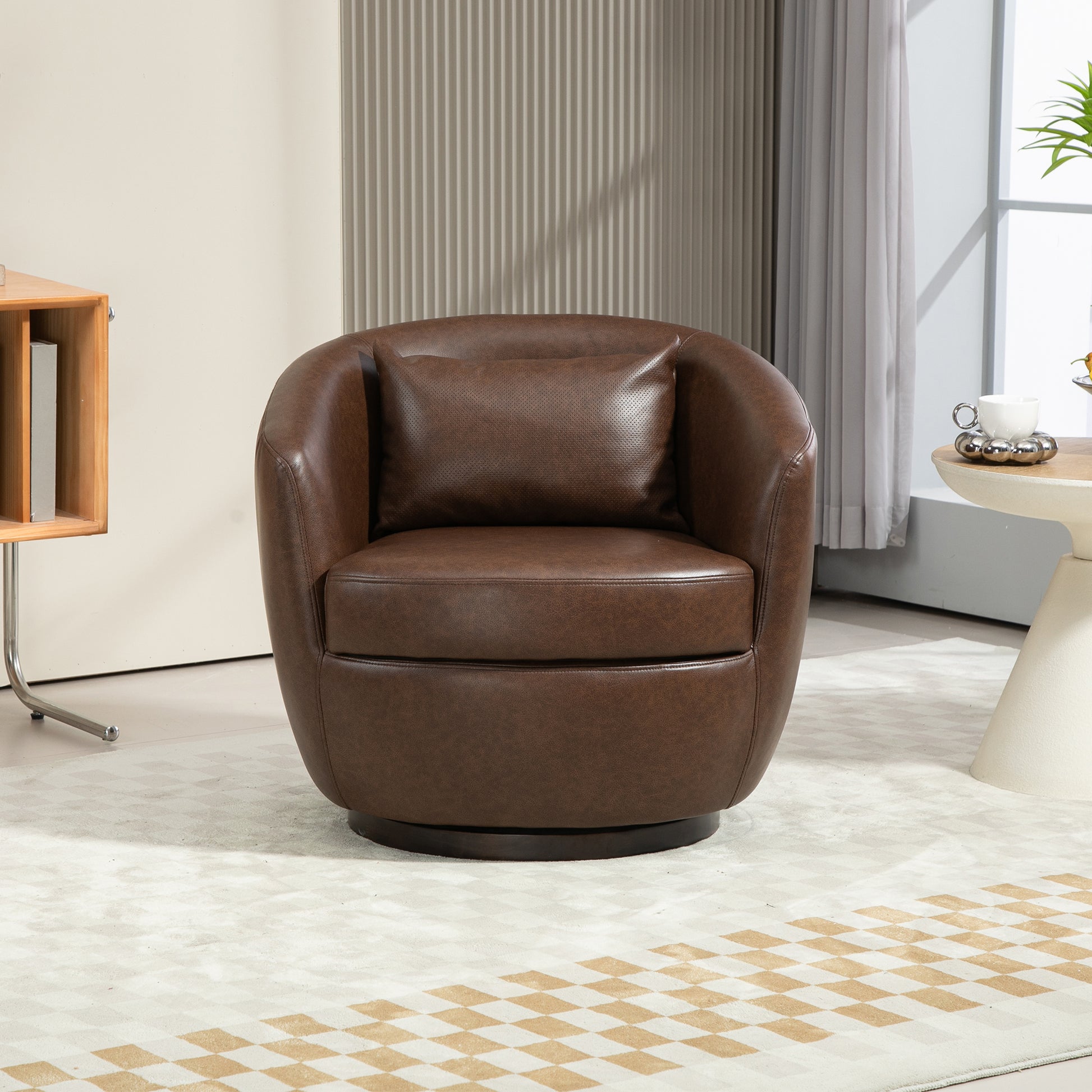 Upholstered Swivel Barrel Armchair With Storage Modern Living Room Side Chair For Bedroom Office Reading Spaces Pu Dark Brown Dark Brown Foam Upholstered