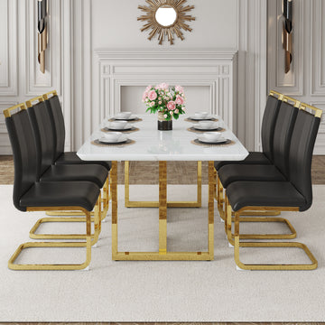 Table And Chair Set.67"X36" White Marble Pattern Mdf Dining Table Set With 6 Black Pu Chairs.Mdf Sticker,White Marble Pattern Sticker,Gold C Tube Chair Legs,Suitable For Kitchen,Dining Room,Etc.