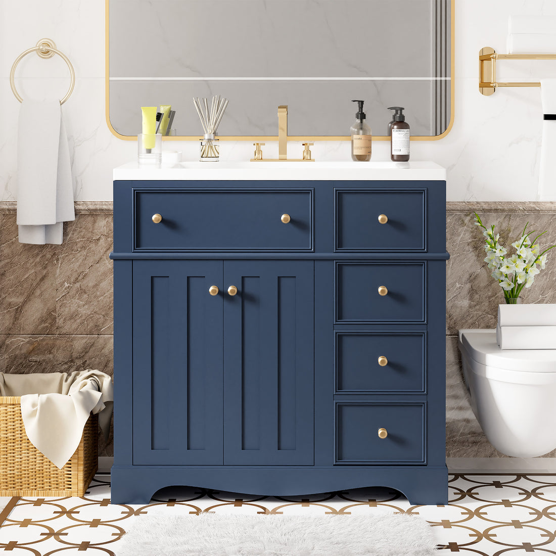 36'' Bathroom Vanity With Resin Sink Combo, Solid Wood Frame Bathroom Storage Cabinet, Freestanding Vanity Set With 3 Drawers& Adjustable Shelf Blue Bathroom Modern Solid Wood Mdf Resin