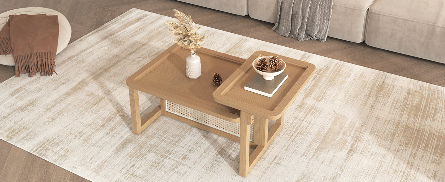 Modern 2 Piece Nesting Rattan Wood Mdf Coffee Table Set In Natural Natural Rubber Wood