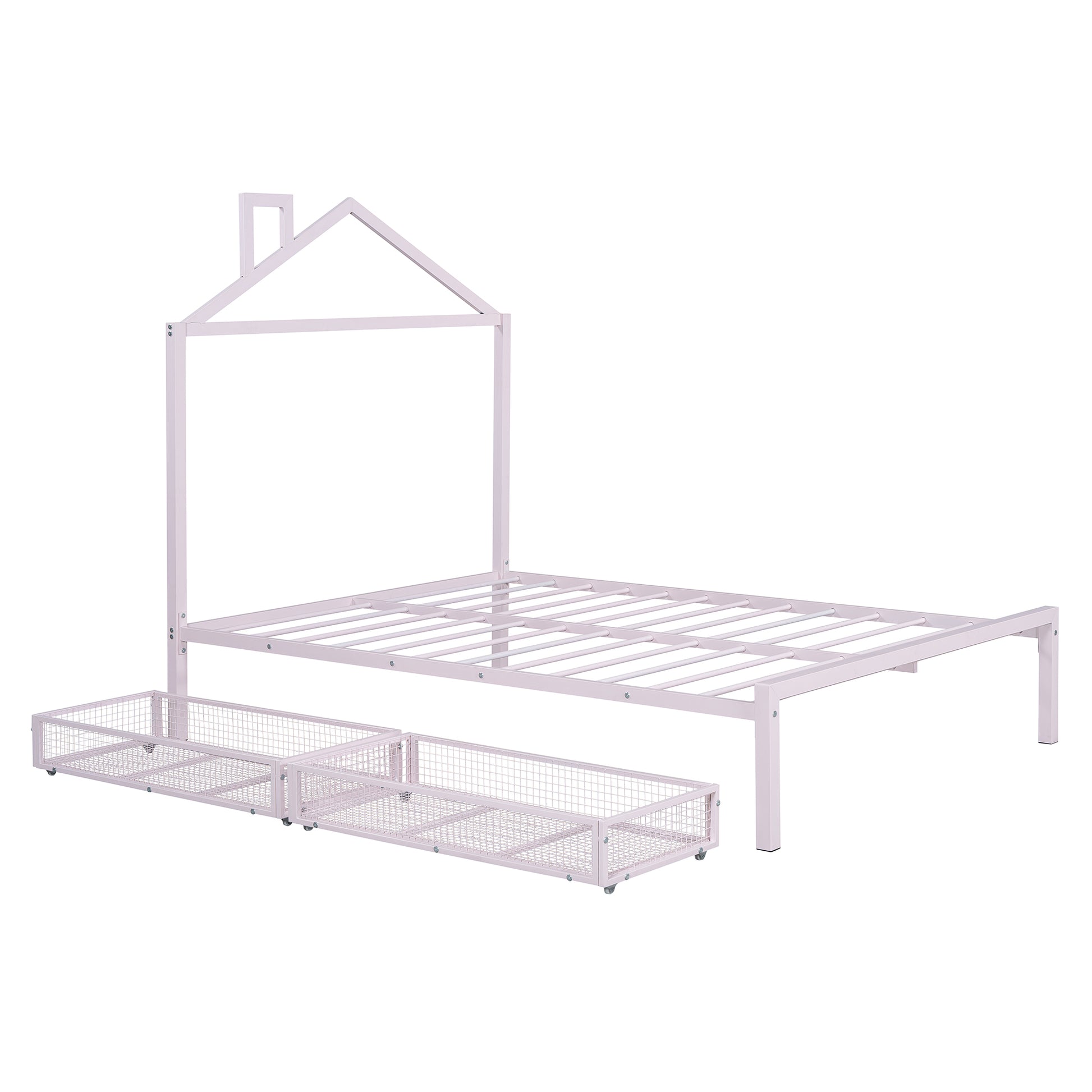 Full Size Metal Platform Bed With Two Drawers,House Shaped Headboard Design, Pink Full Pink Metal