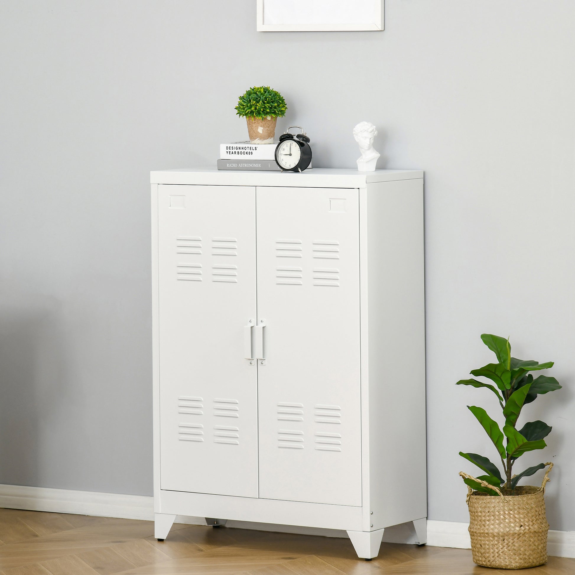 Homcom Industrial Storage Cabinet, Steel Garage Cabinet With Double Doors And Adjustable Shelves, White White Metal