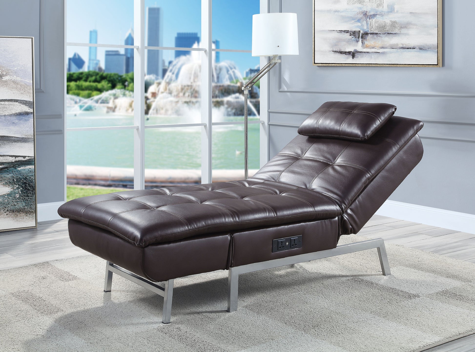 Brown Chaise Lounge With Pillow And Usb Port Brown Primary Living Space Faux Leather