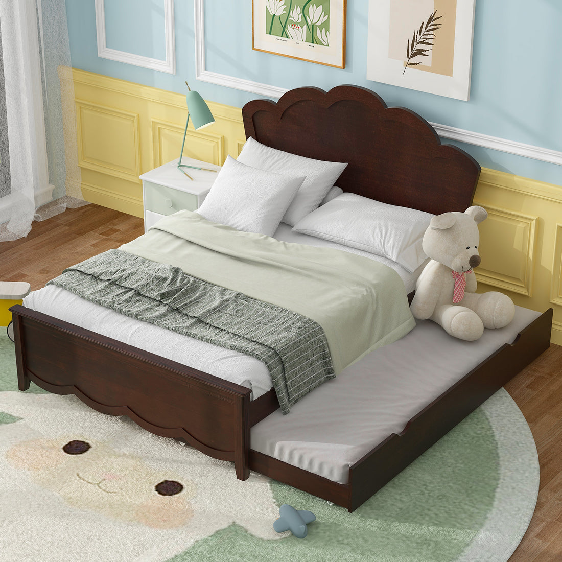 Full Size Wood Platform Bed With Headboard And Twin Size Trundle, Cappuccino Box Spring Not Required Full Cappuccino Wood Bed Frame Solid Wood Mdf