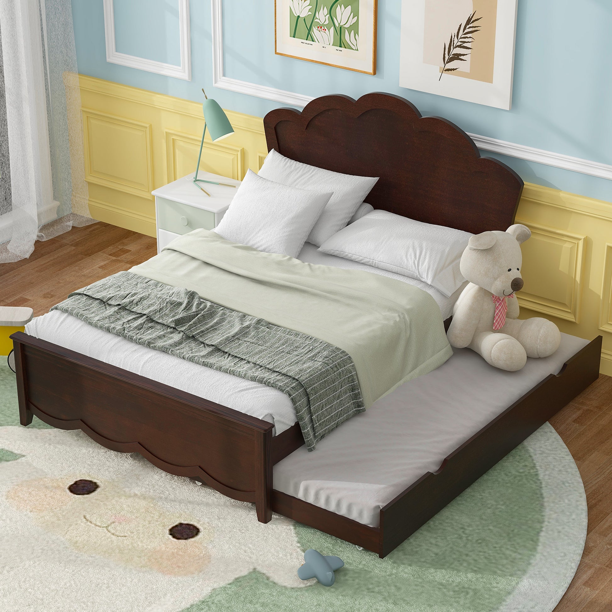 Full Size Wood Platform Bed With Headboard And Twin Size Trundle, Cappuccino Box Spring Not Required Full Cappuccino Wood Bed Frame Solid Wood Mdf