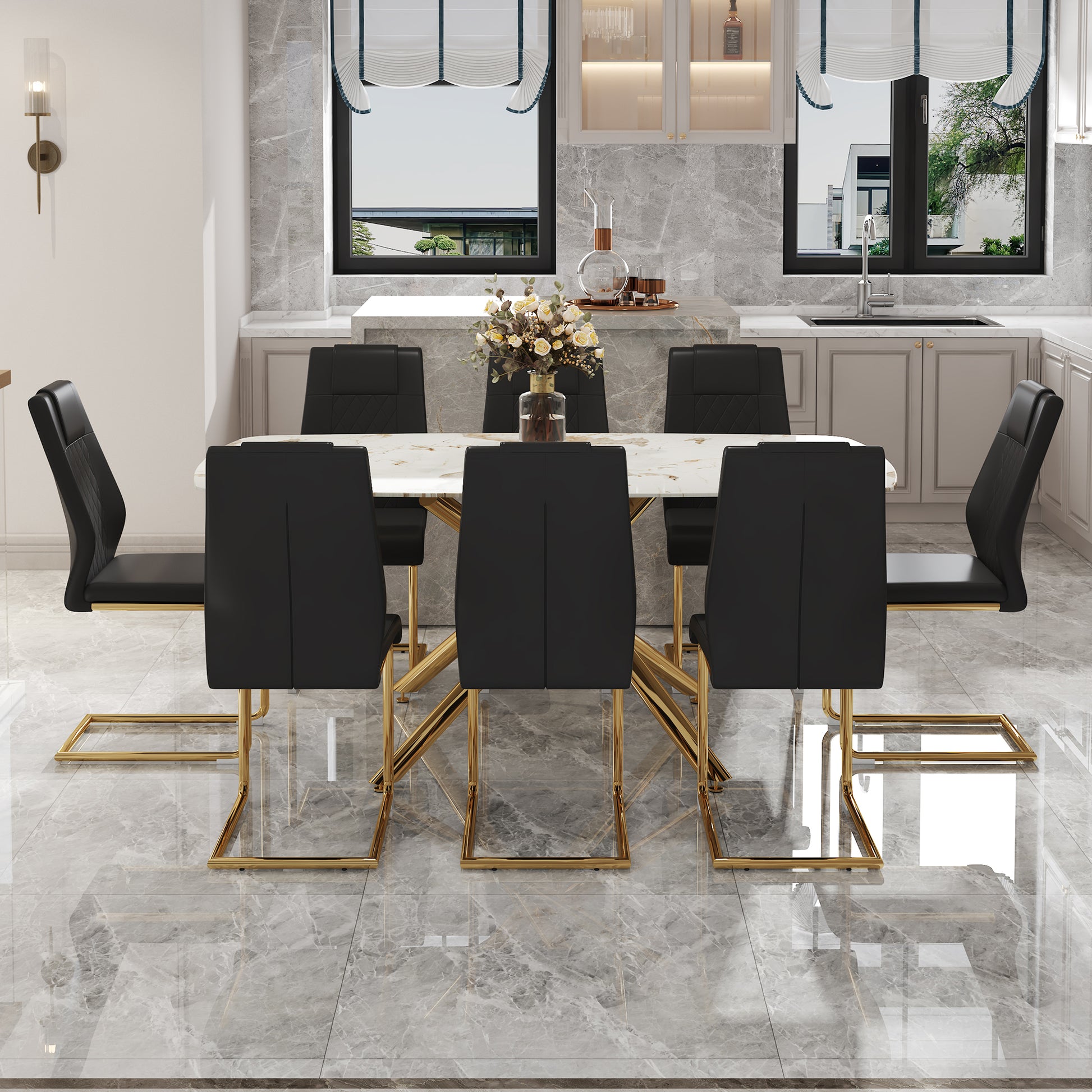 Table And Chair Set.Modern Luxurious Tempered Glass Dining Table Set With Gold Metal Legs And 8 Pu Chairs.White Marble Patterned Sticker Tabletop,Black Chairs With Gold Metal Legs. Black Gold Seats