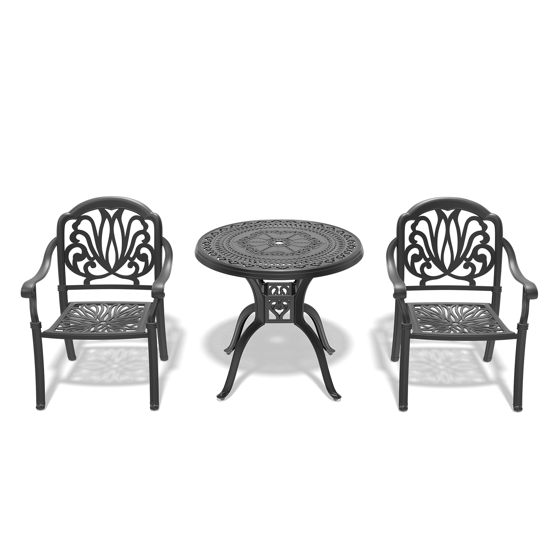 Cushions In Random Colors 3 Piece Set Of Cast Aluminum Patio Furniture With Cushions Yes Dining Set Black Seats 2 Rust Resistant Frame Water Resistant Cushion Garden & Outdoor Complete Patio Sets