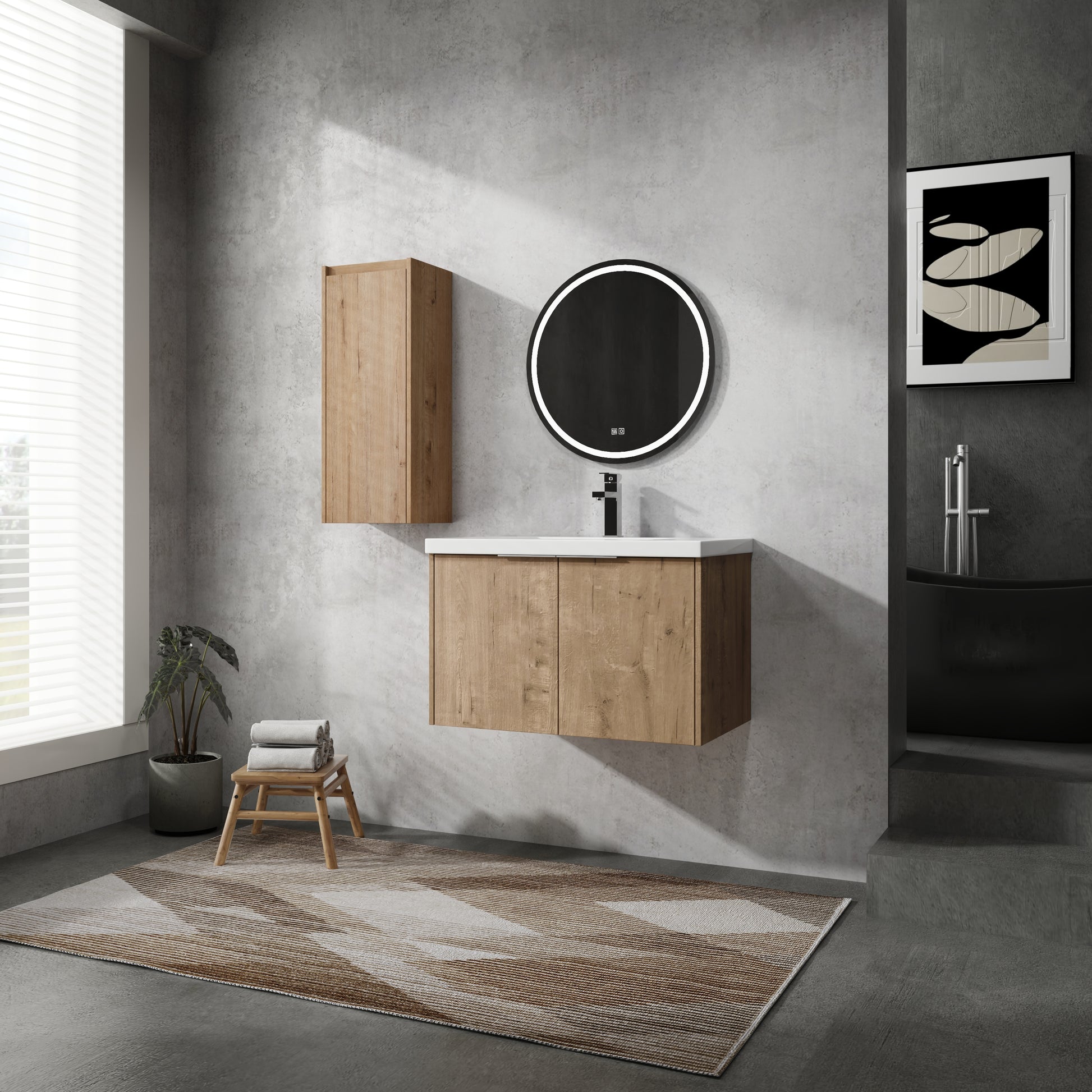 30" Wall Mounted Bathroom Vanity With Sink And Side Cabinet, Soft Close Doors,00112Imo 00630Imo Combination Cabinet Kd Packing Imitative Oak Bathroom Modern Plywood Plywood