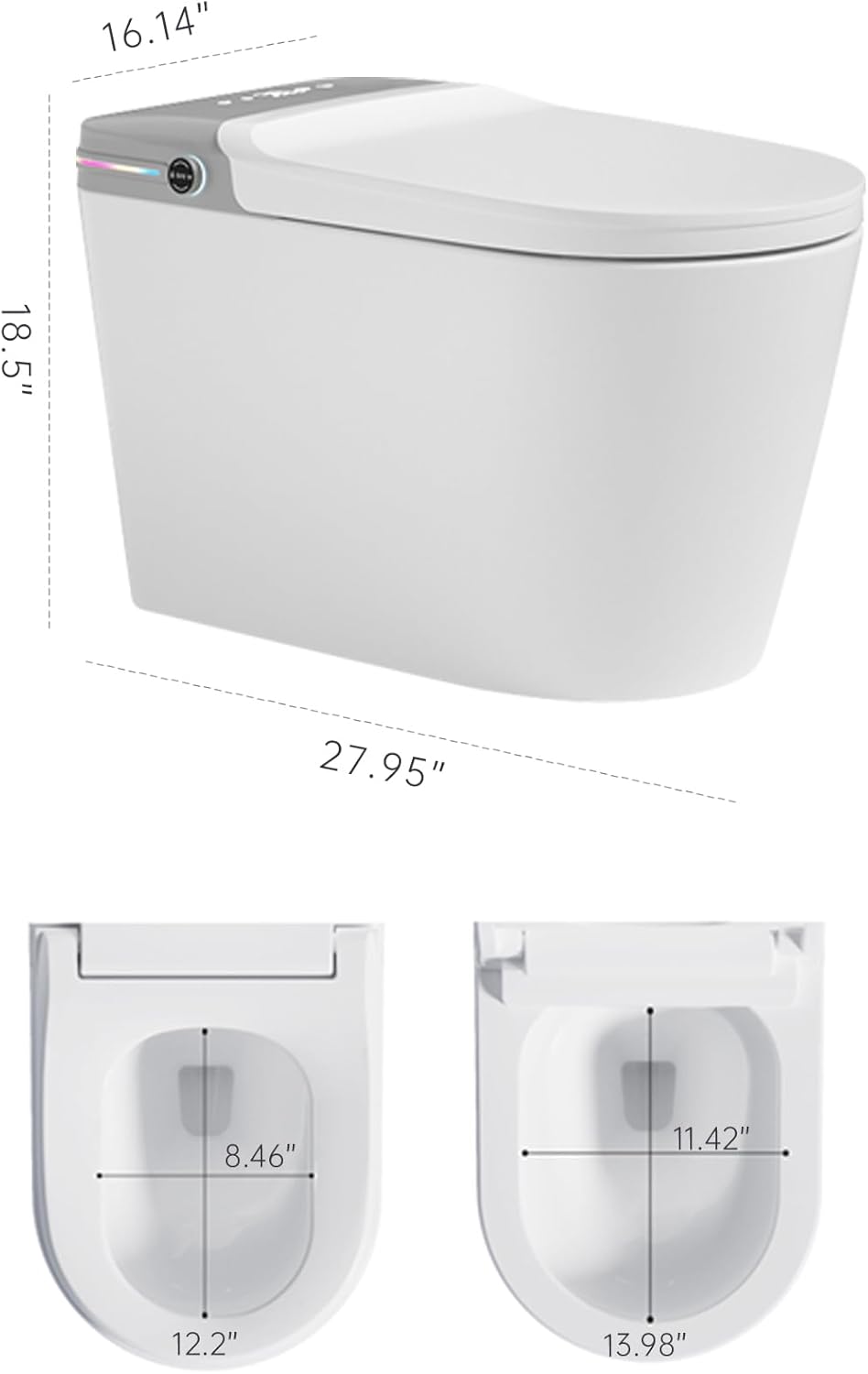 Smart Toilet, Smart Bidet Toilet With Remote Control, Raised Tankless Toilet With Led Display, Heated Seat Toilet Bidet With Aromatherapy System, Warm Water And Dry, Off Seat Flush, Foot Sensor, White White Ceramic