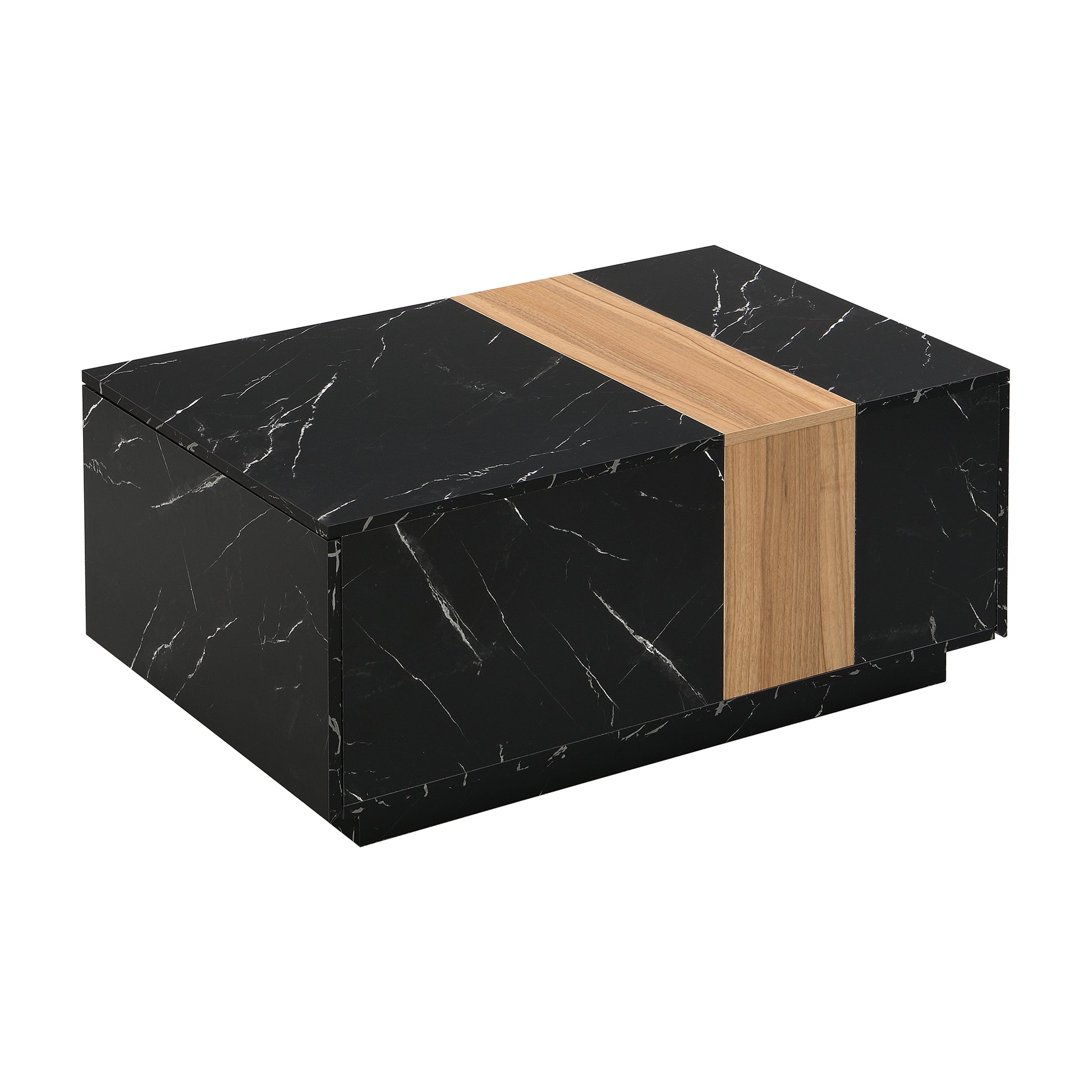 Modern 35.4 X 23.6 Inch Two Tone Coffee Table With Faux Marble And Walnut Wood Grain Finish, Rectangular Center Table With 2 Storage Drawers, Practical Cocktail Table For Living Room, Black Black Primary Living Space Drawers Rectangular Particle Board