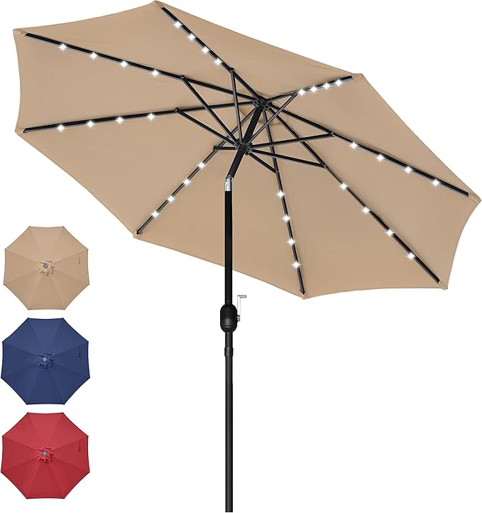 lighted umbrella for patio table 9' Solar 32 Lighted Patio Table Market Push Button Tilt Crank Outdoor