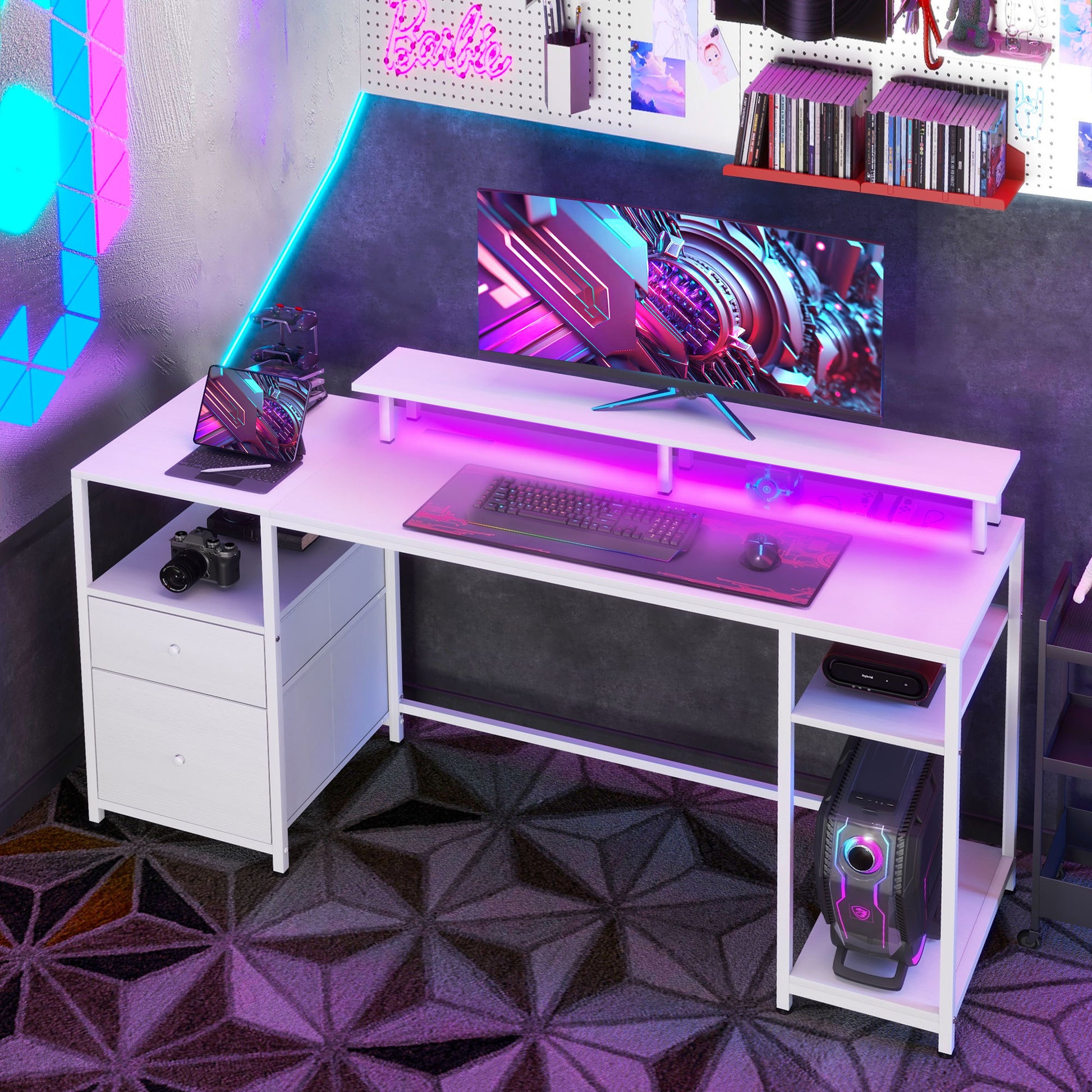 Homcom 61" Computer Desk With Led Lights, Power Outlets, And Usb Ports, Gaming Desk With Storage Shelves, Monitor Stand, Fabric Drawers & Remote For Home Office Study, Distressed White White Particle Board