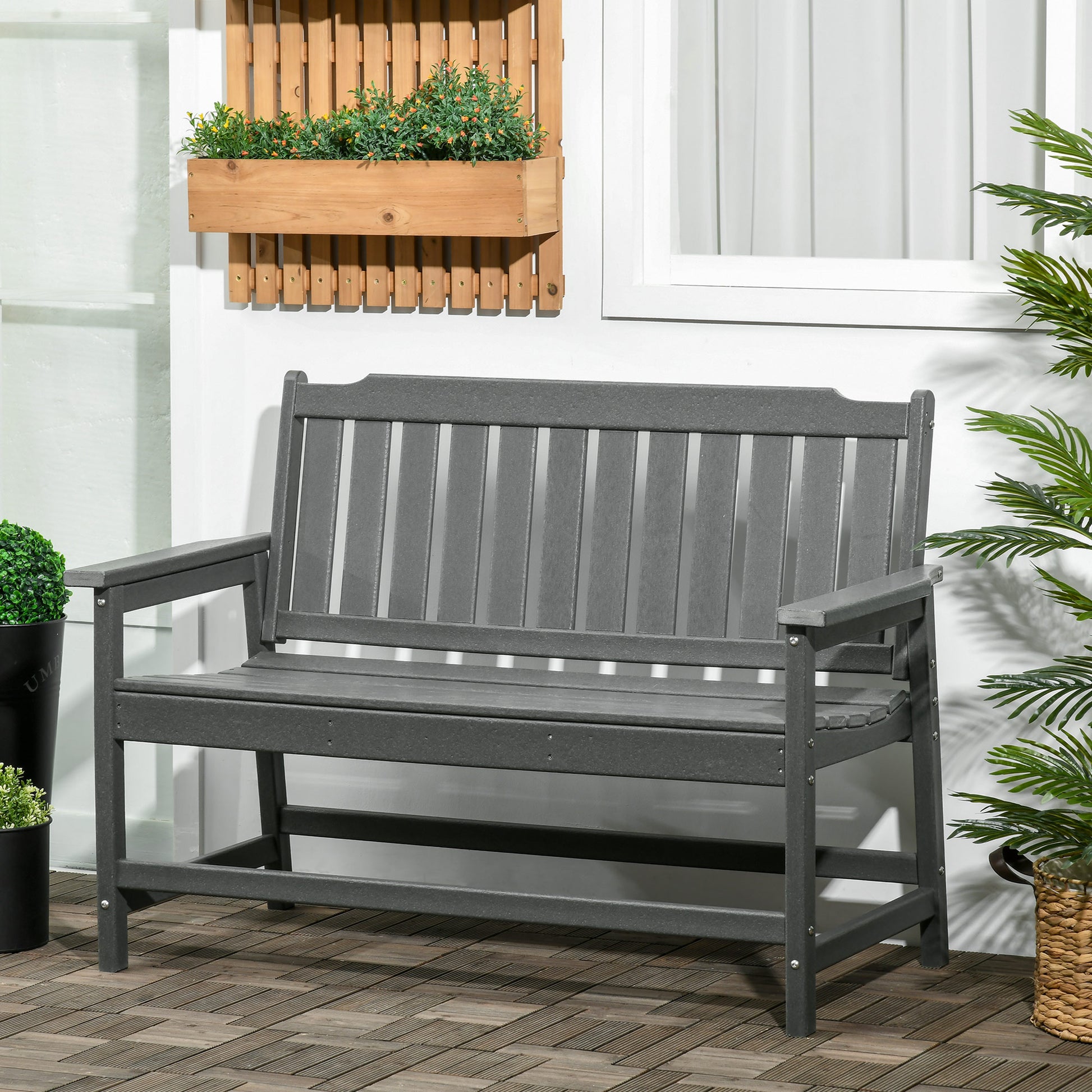Outsunny Outdoor Bench, 2 Person Park Style Garden Bench With All Weather Hdpe, 704 Lbs. Weight Capacity Porch Bench With Slatted Back & Armrests, Dark Gray Dark Gray Plastic