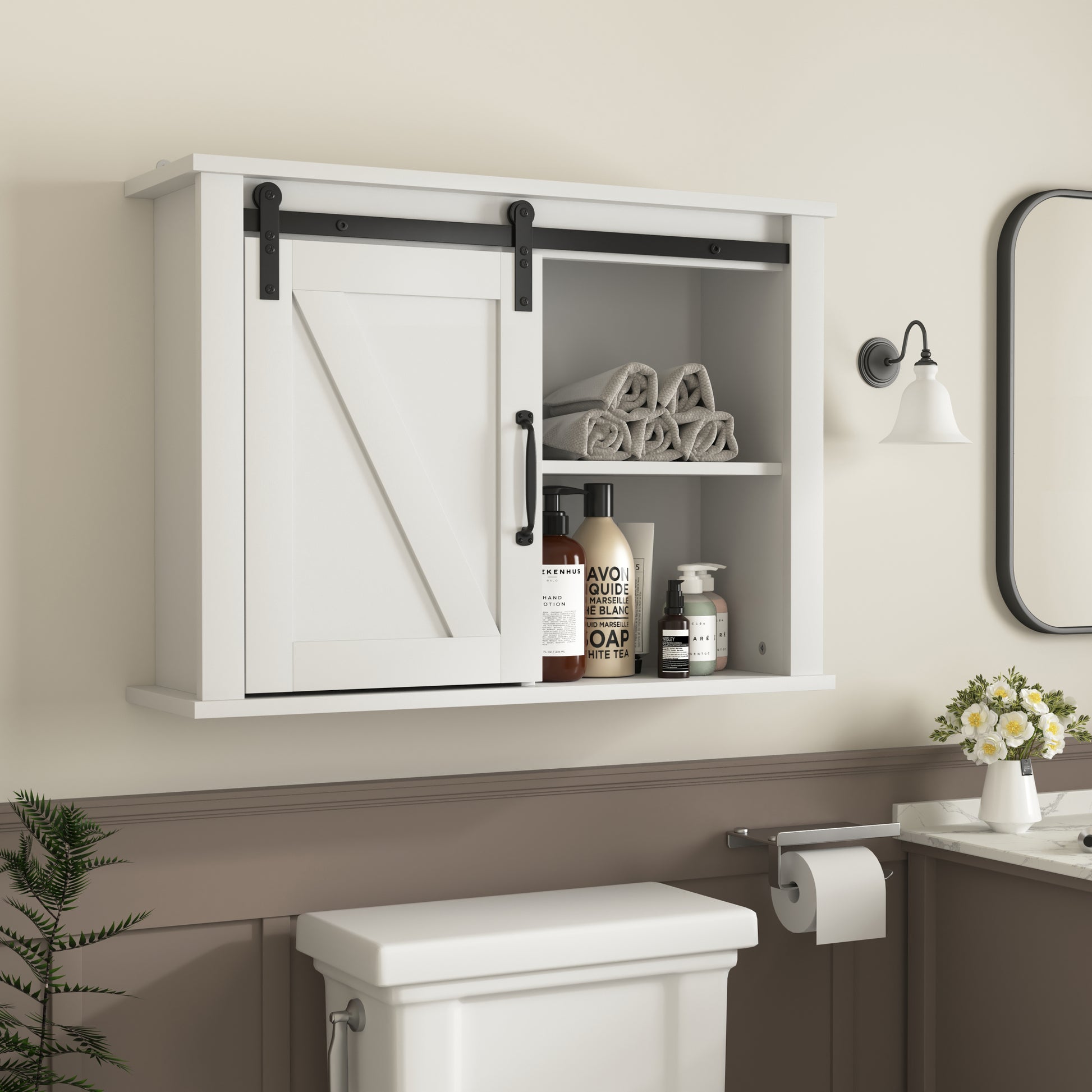 Bathroom Wall Cabinet With 2 Adjustable Shelves Wooden Storage Cabinet With A Barn Door 27.16X7.8X19.68 Inch White Mdf