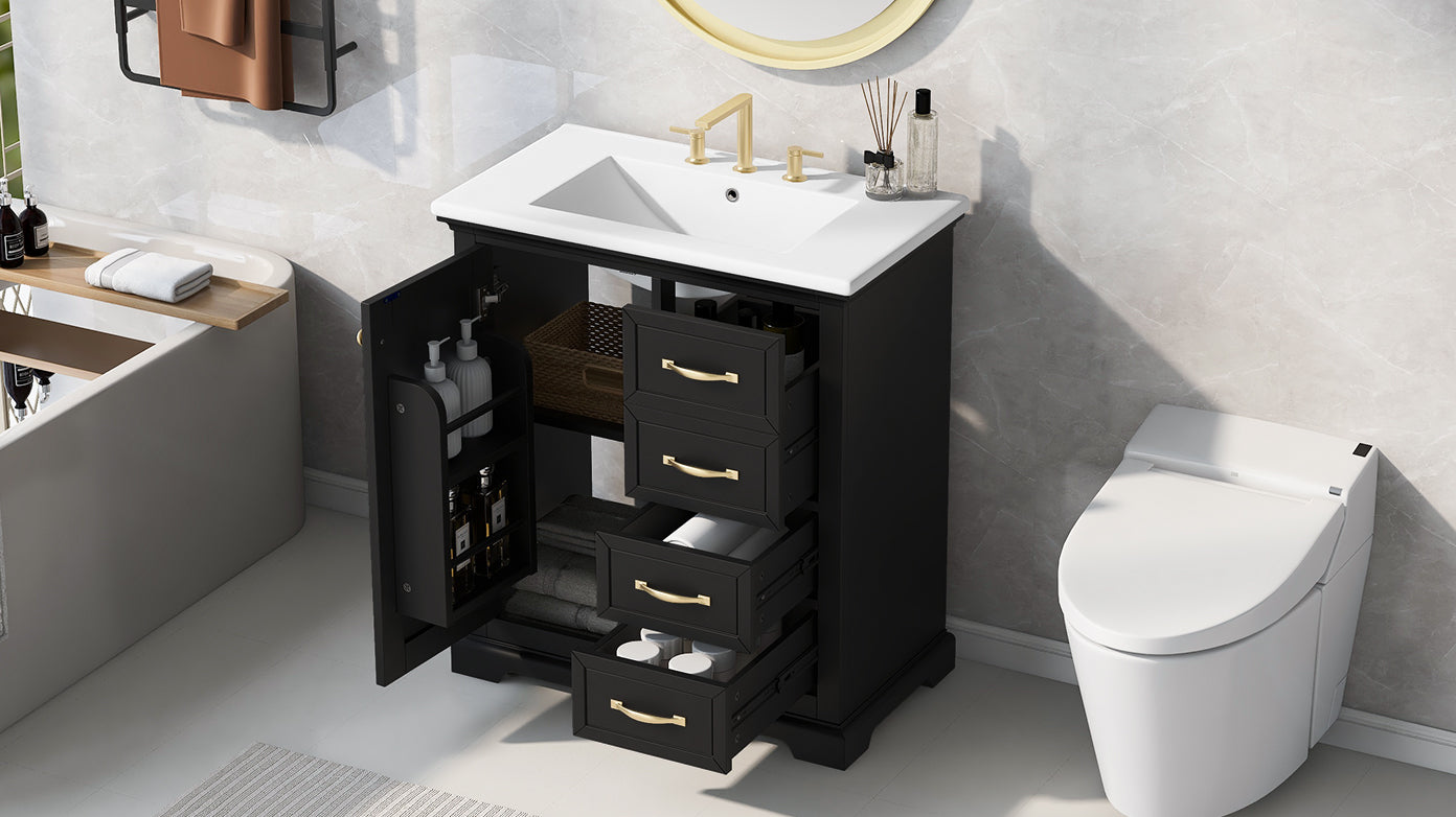 30" Bathroom Vanity With Sink, One Package, Black Bathroom Cabinet With Drawers, Solid Frame And Mdf Board Black Solid Wood Mdf