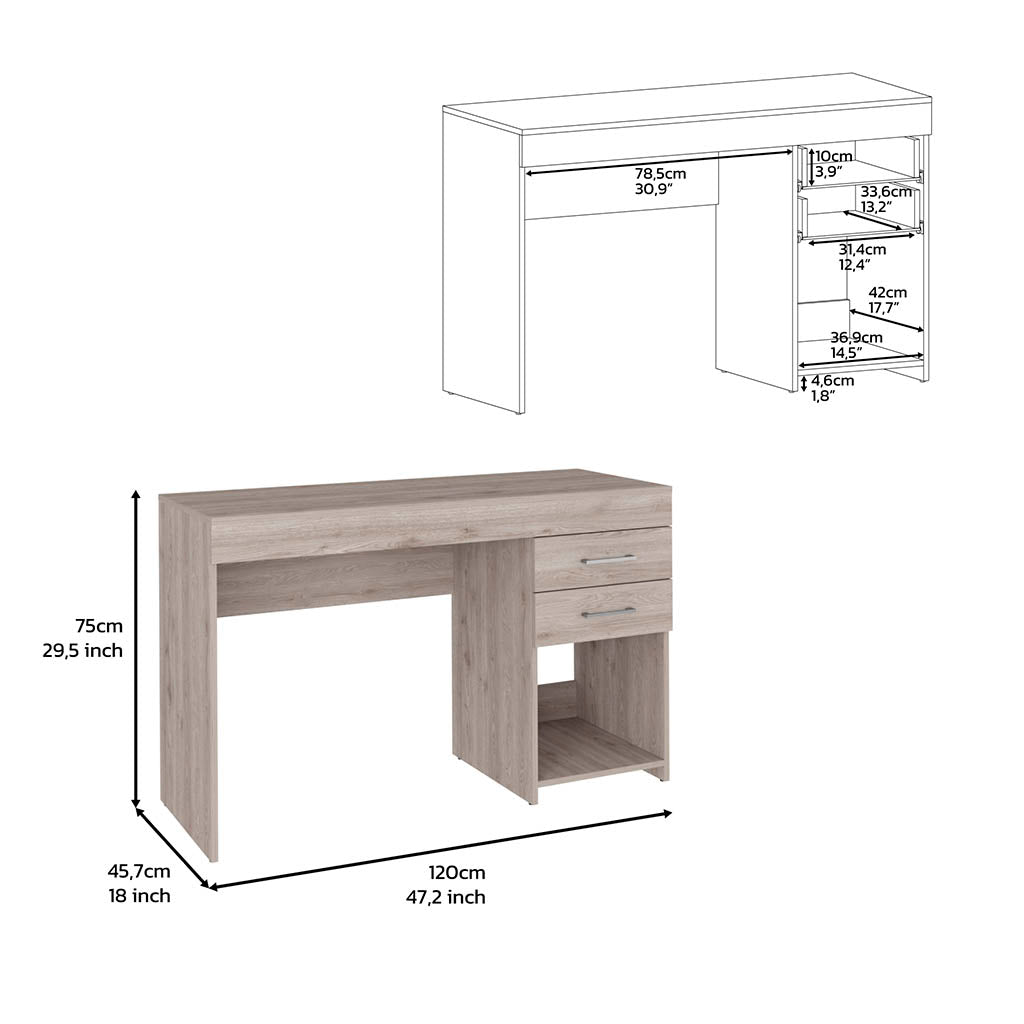 Maui 2 Drawers Computer Desk, One Lower Shelf, Light Gray Gray Particle Board Particle Board