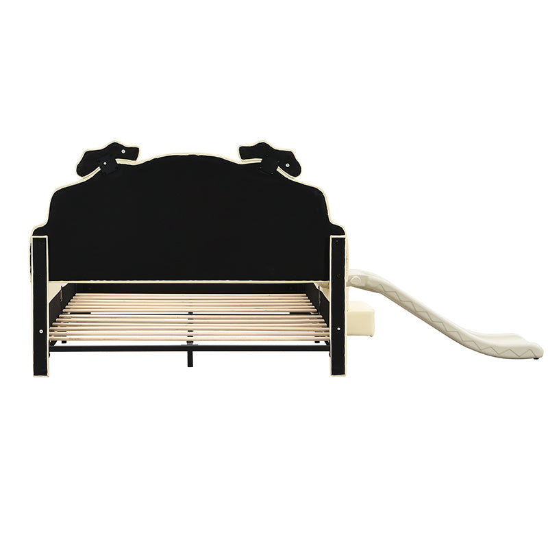 Full Size Upholstered Platform Bed With Piglet Shape Headboard And Children'S Slide, Beige Box Spring Not Required Full Beige Wood Bedroom Bed Frame Faux Leather Upholstered