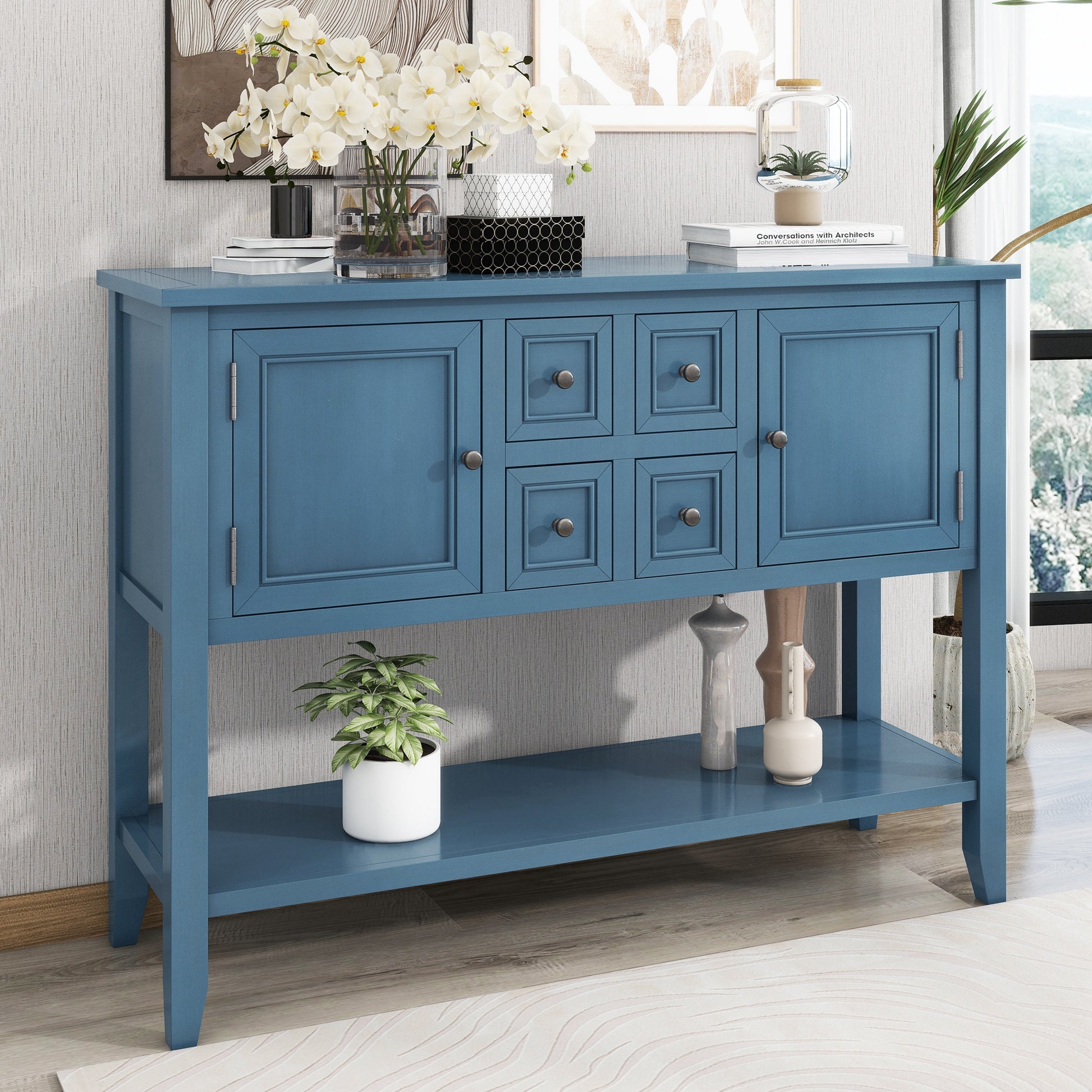 Cambridge Series Large Storage Vintage Console Table With Four Small Drawers And Bottom Shelf For Living Rooms, Entrances And Kitchens Light Navy, Old Sku: Wf190263Aah Light Navy Solid Wood Mdf