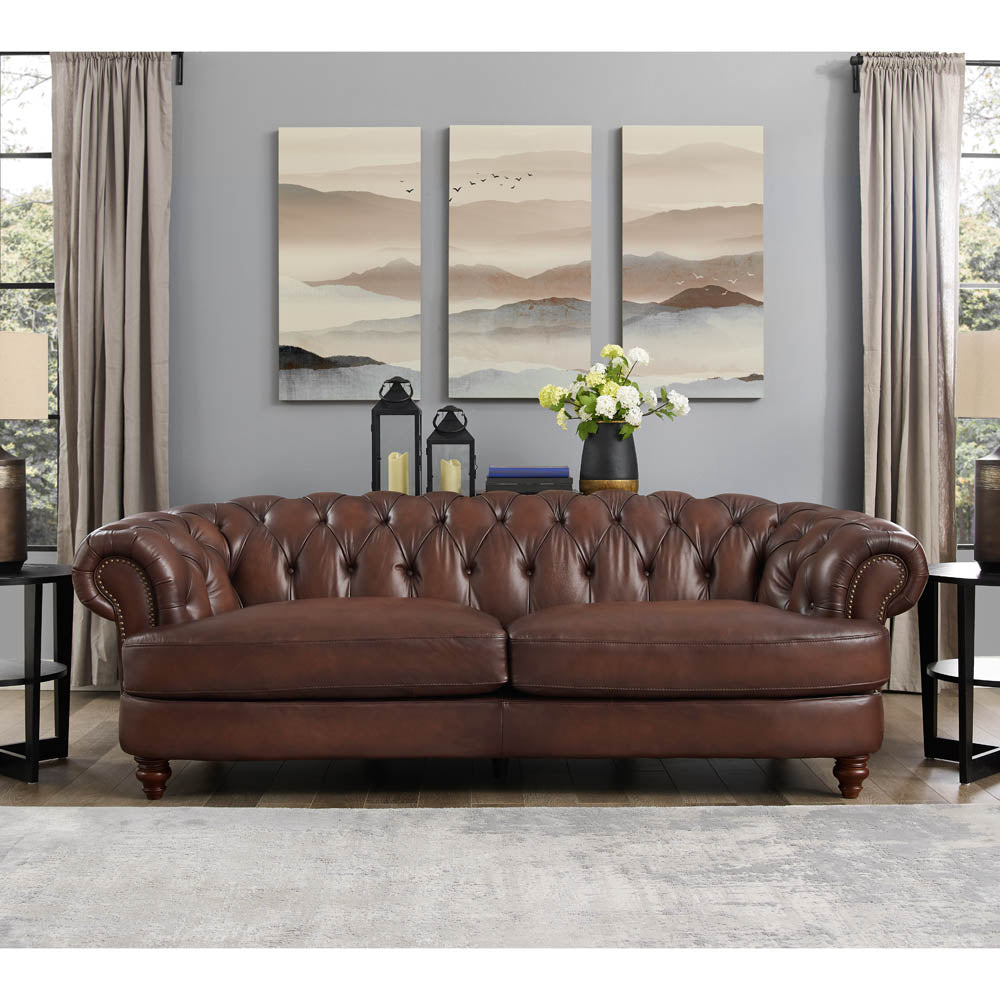 Newport Leather Sofa Caramel Genuine Leather Wood Primary Living Space Medium Firm Tufted Back Mid Century Modern Eucalyptus Rolled Arms Down Filling Genuine Leather 3 Seat