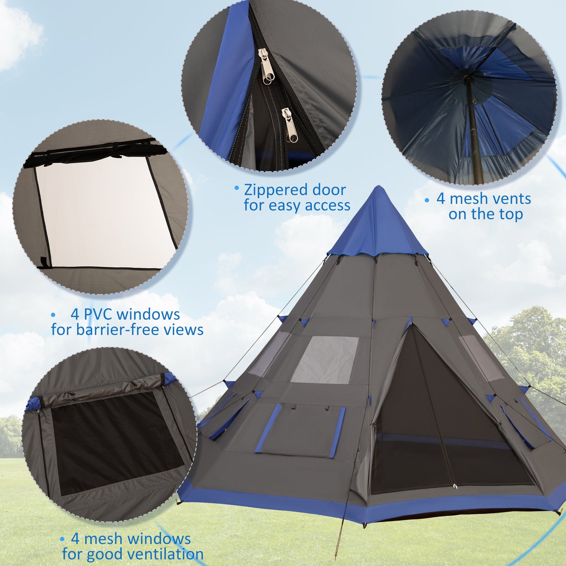 Outsunny 12Ft Camping Tent 6 7 Person 4 Season With 8 Mesh Windows, Outdoor Teepee Tent With Waterproof Material For Family And Friends Camping Blue Polyester