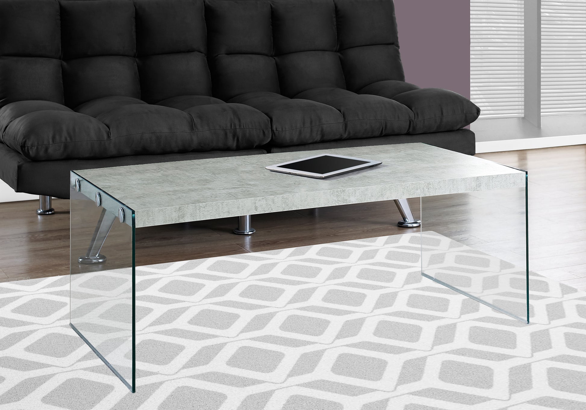 Coffee Table, Accent, Cocktail, Rectangular, Living Room, 44"L, Grey Laminate, Clear Tempered Glass, Contemporary, Modern Grey Particle Board