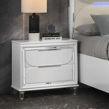 Pearl White 2 Drawer Nightstand With Acrylic Crystal Legs White 2 Drawers Bedroom Rectangle Glam Felt Lined Drawers White Wood Plastic