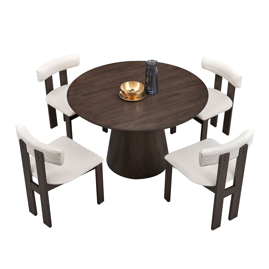 1 Table With 4 Chairs Wooden Dining Table Set, Modern Round Mdf Kitchen Table And Boucle Upholstered Dining Chairs For Dining Room, Kitchen, Saving Space, Dark Brown Dark Brown Solid Wood Mdf