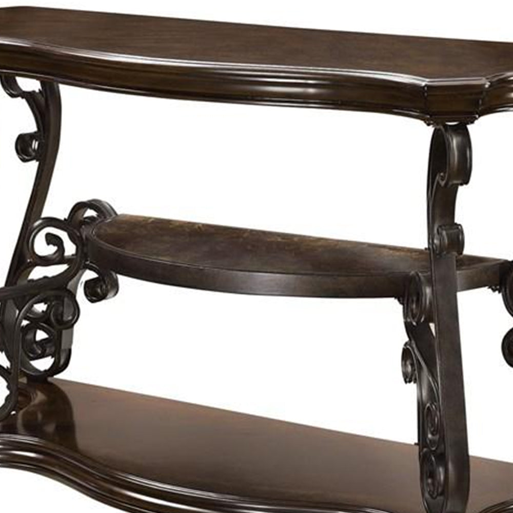 Traditional Solid Sofa Table With Glass Inset, Metal Scrolls & 2 Shelves, Brown Brown Wood Metal