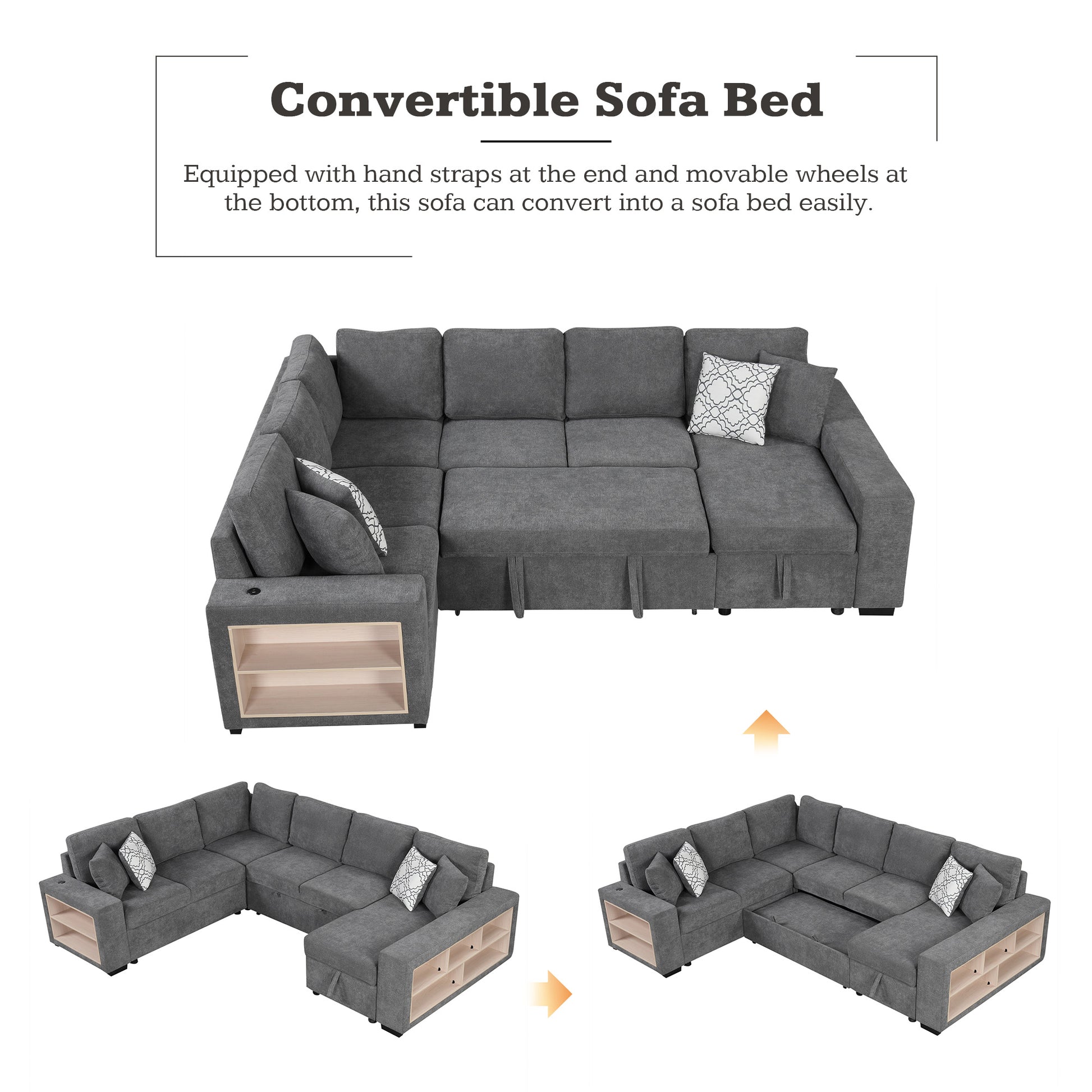 109" U Shaped Sectional Sofa Pull Out Sofa Bed With Two Usb Ports, A Storage Chaise Lounge And Four Back Pillows For Living Room, Grey Grey Foam Chenille 5 Seat