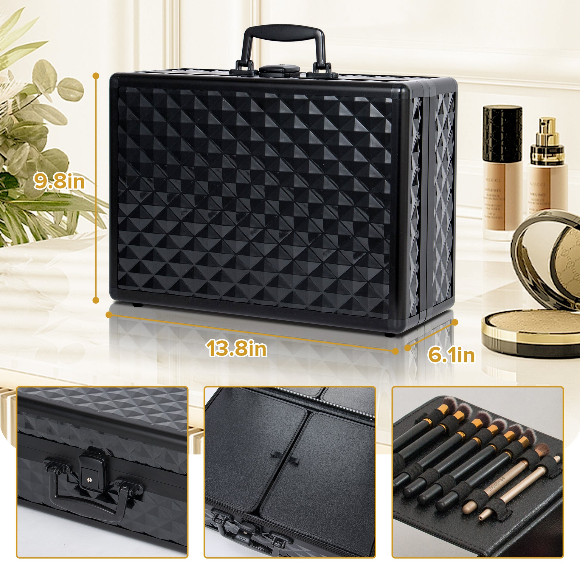 Portable Makeup Case With Led Mirror Travel Makeup Bag Cosmetic Organizer Box With Locks, Brush Holder, Dividers, Rechargeable, Black Black Aluminium Alloy
