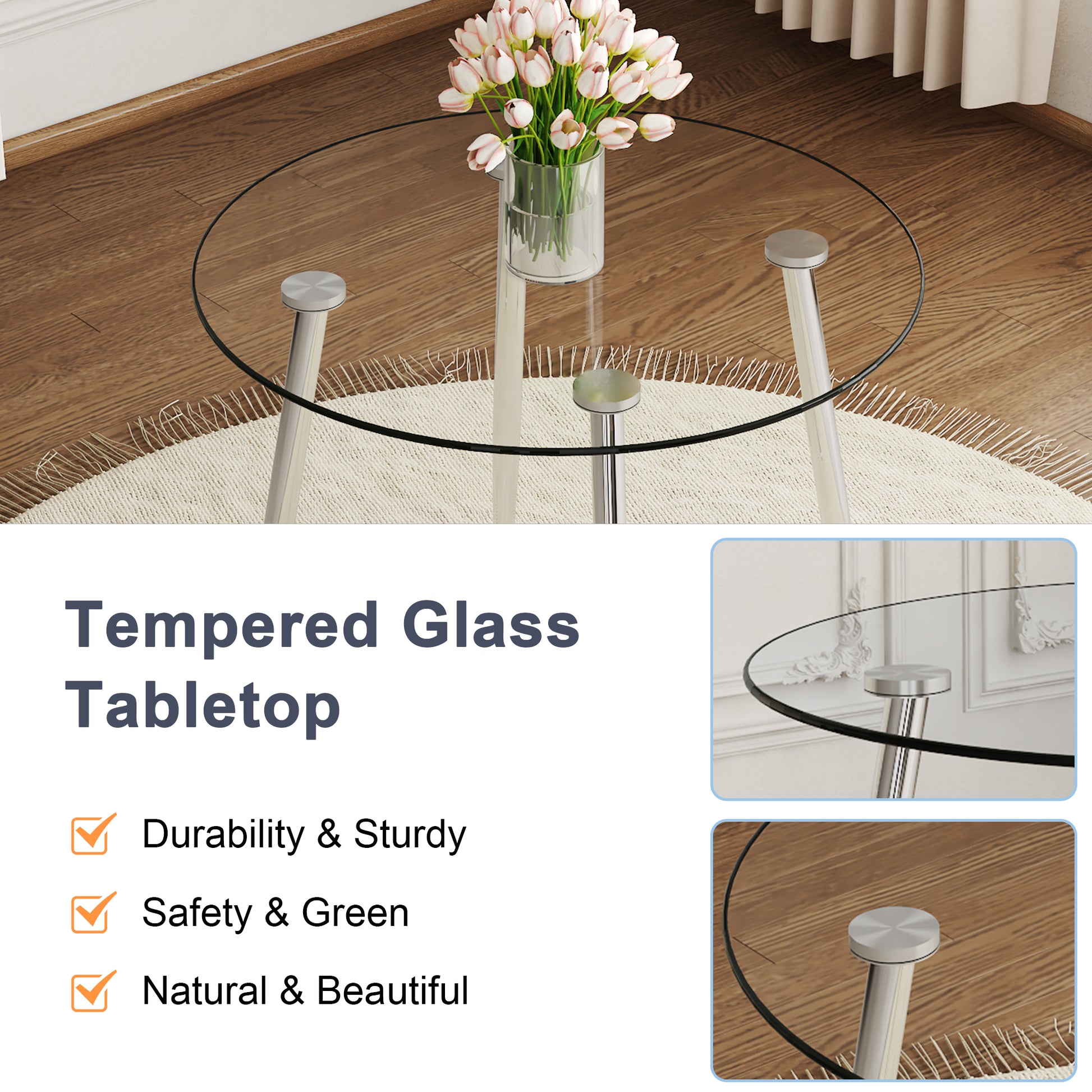 A Modern Minimalist Round Transparent Tempered Glass Table With Silver Metal Legs And 4 Modern Pu Leather High Backed Dining Chairs For A Luxurious Experience. Gray Seats 4 Glass Metal