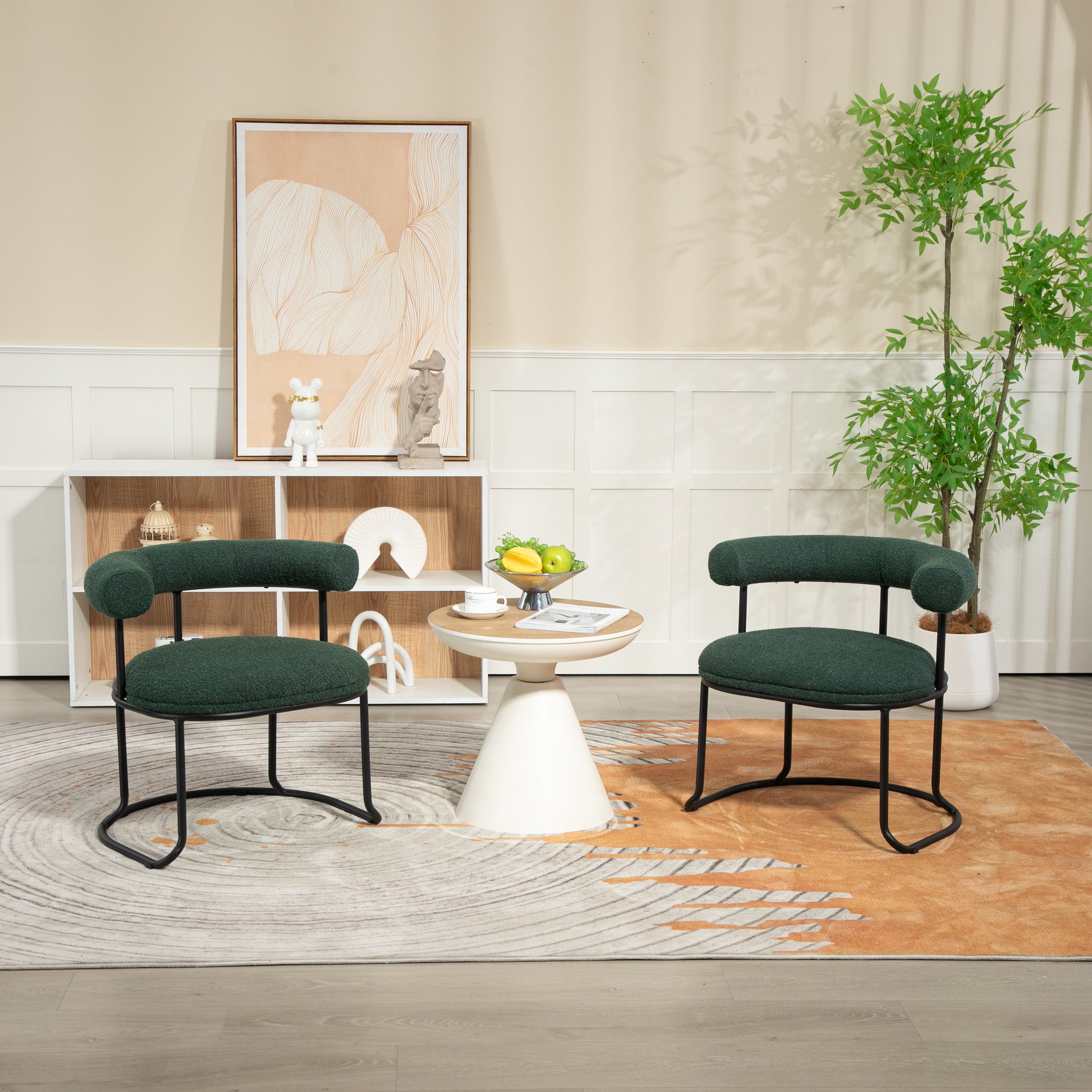 Coolmore Boucle Dining Chairs Set Of 2, Mid Century Modern Curved Backrest Chair, Round Upholstered Kitchen Chairs Emerald Boucle Emerald Foam Mdf Metal