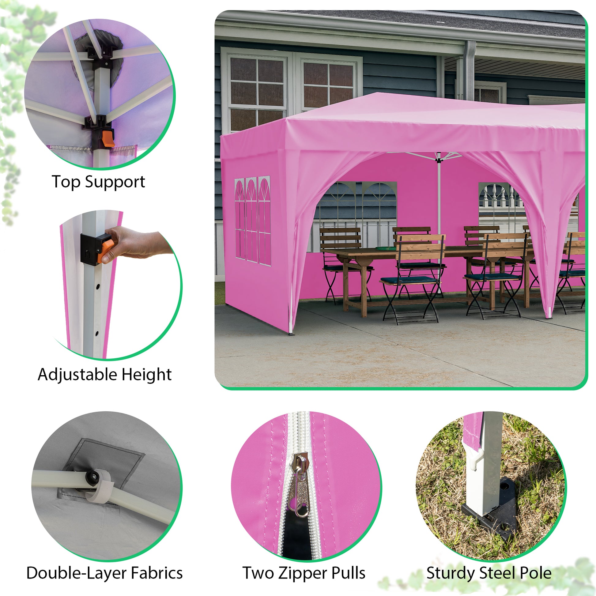 10'X20' Pop Up Canopy Tent With 6 Sidewalls, Ez Pop Up Outdoor Canopy For Parties, Waterproof Commercial Tent With 3 Adjustable Heights, Carry Bag, 6 Sand Bags, 6 Ropes And 12 Stakes, Pink Pink Metal