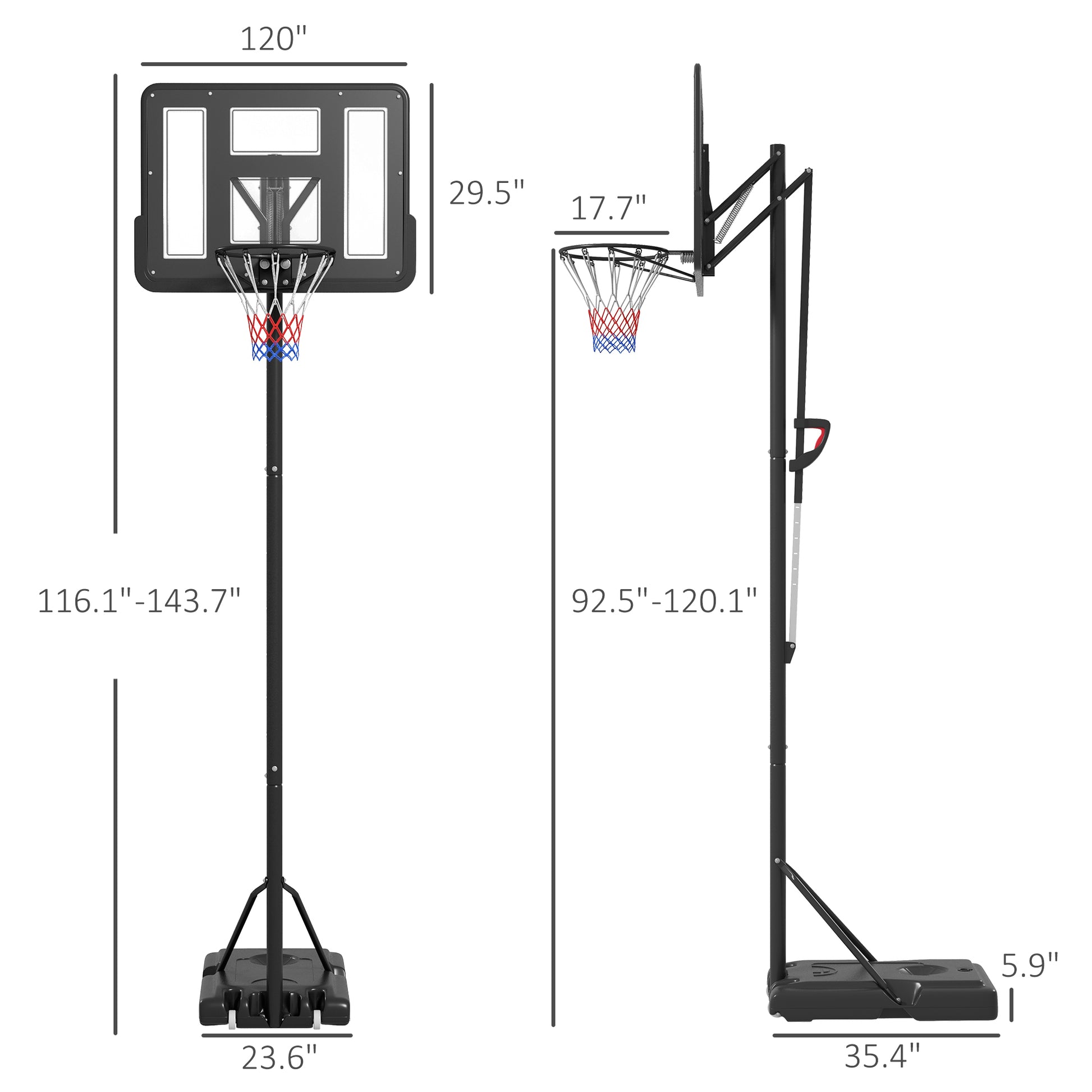 Soozier Portable Basketball Hoop, 7.7 10' Height Adjustable Basketball Goal With 43" Shatterproof Backboard, Wheels, And Fillable Base For Teenagers, Youth, Adults Black Steel