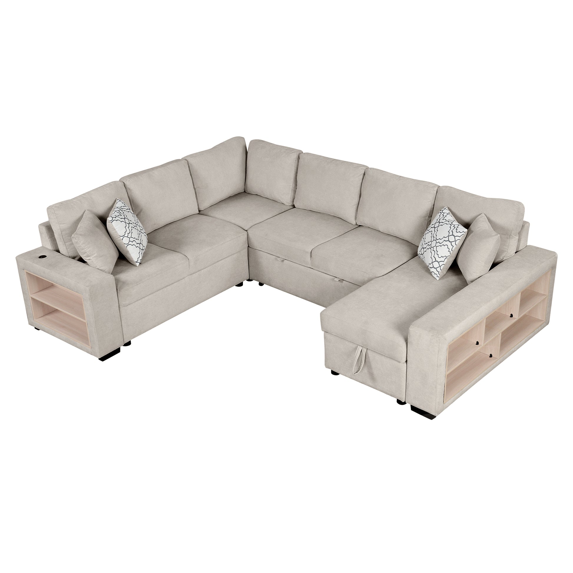 109" U Shaped Sectional Sofa Pull Out Sofa Bed With Two Usb Ports, A Storage Chaise Lounge And Four Back Pillows For Living Room, Beige Beige Foam Chenille 5 Seat