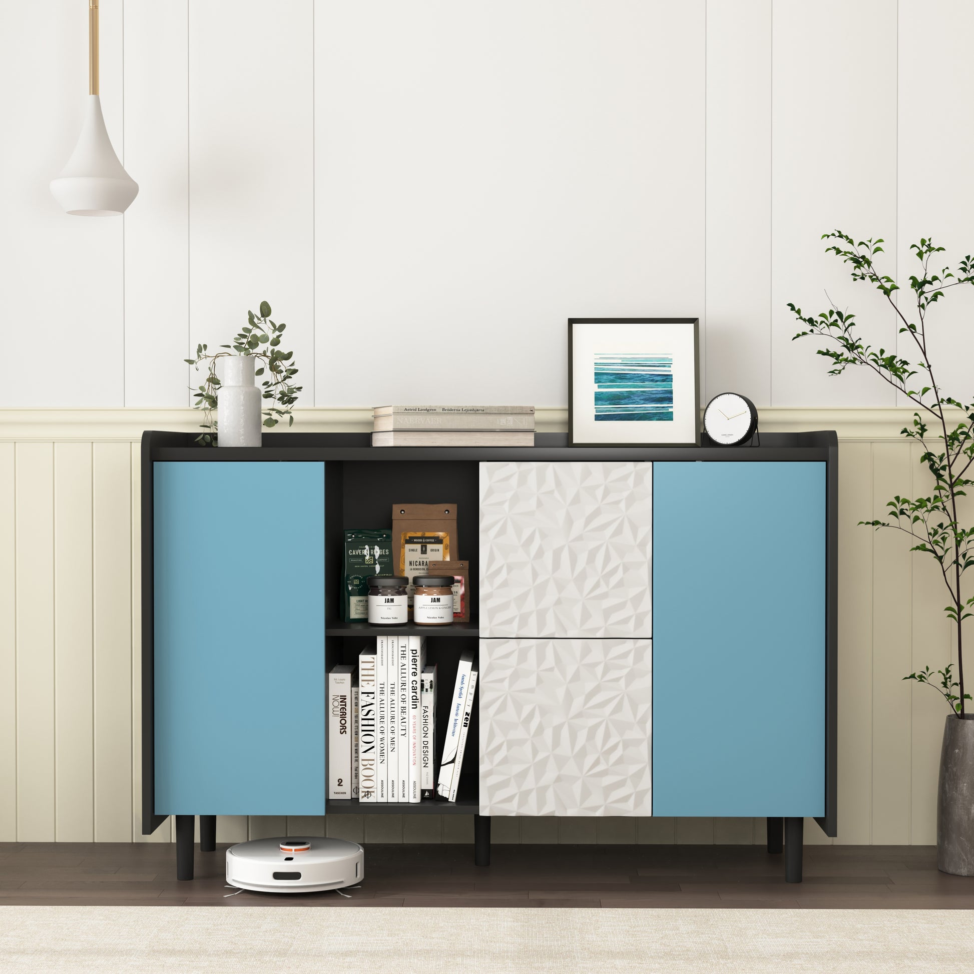 Sideboard Buffet Cabinet, Black Storage Cabinet With Blue Doors2 Drawers With Unique Panel Styling And 2 Open Storage Compartment, Modern Coffee Bar Cabinet Accent Cabinet For Kitchen, Dining Room Black Blue Mdf