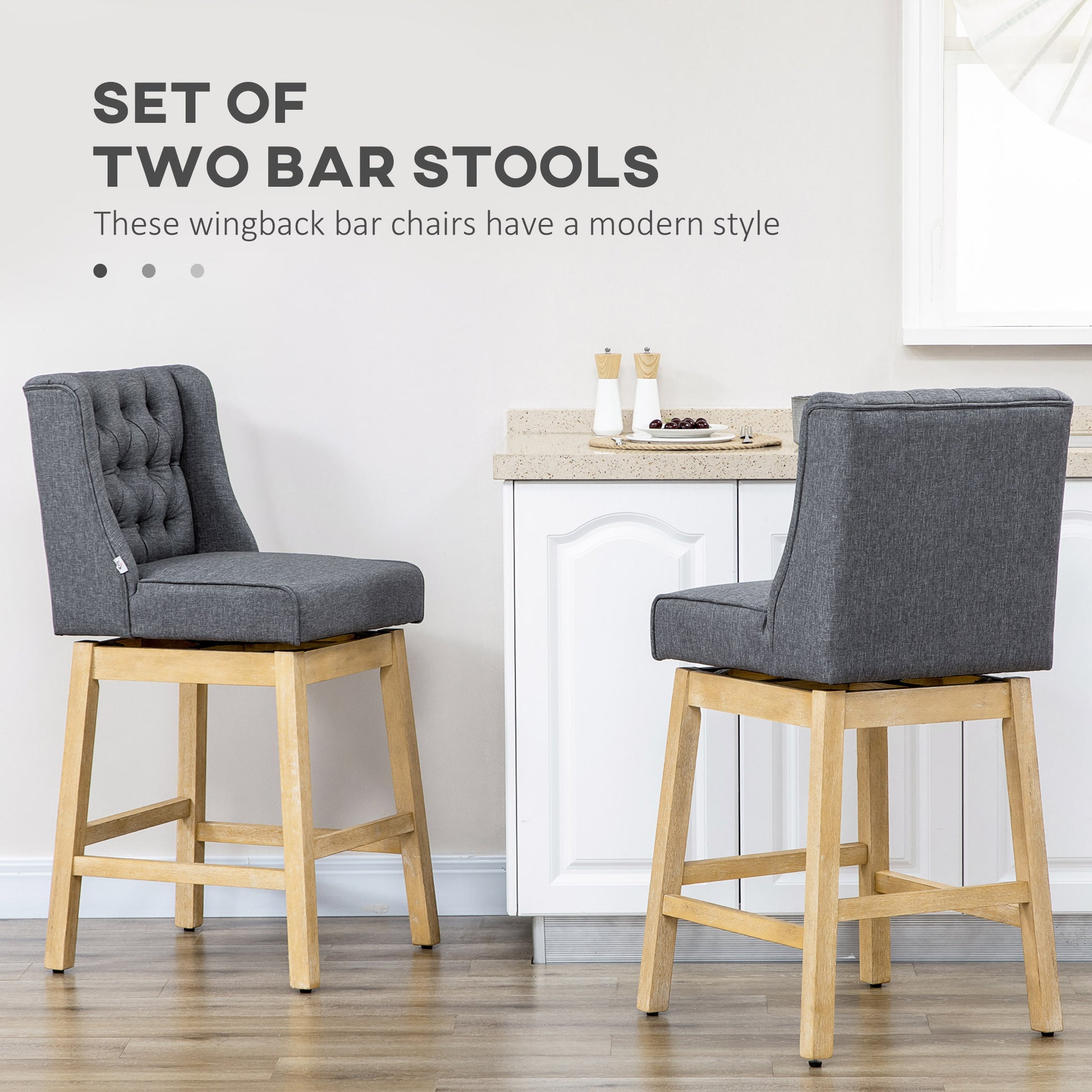 Homcom Bar Height Bar Stools Set Of 2, 180 Degree Swivel Barstools, 30" Seat Height Bar Chairs With Solid Wood Footrests And Button Tufted Design, Gray Grey Polyester