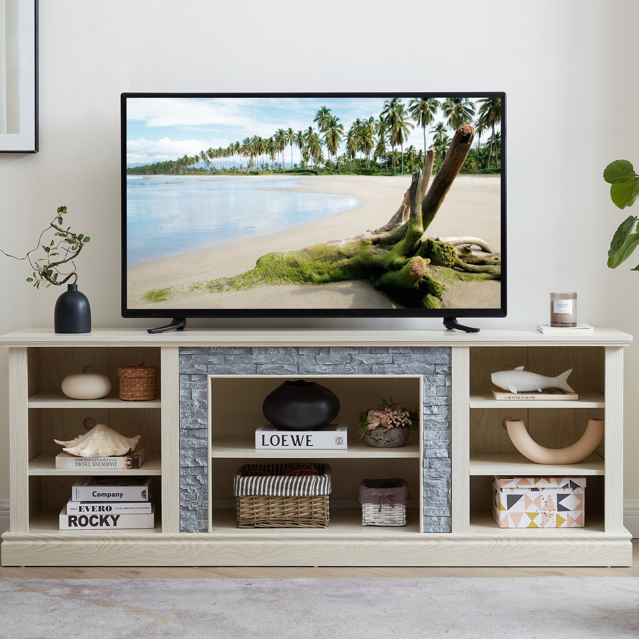 Large Tv Desk Storage Rack With Faux Stacked Stone Surround,Media Console Table With Large Storage Cabinet,Modern Tv Media Entertaionment Stand,White, 70.12"W*15.35"D*25.83"H White 70 79 Inches Mdf