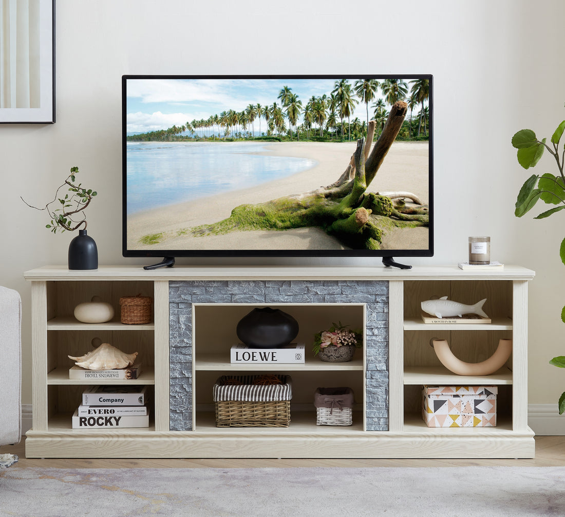 Large Tv Desk Storage Rack With Faux Stacked Stone Surround,Media Console Table With Large Storage Cabinet,Modern Tv Media Entertaionment Stand,White, 70.12"W*15.35"D*25.83"H White 70 79 Inches Mdf