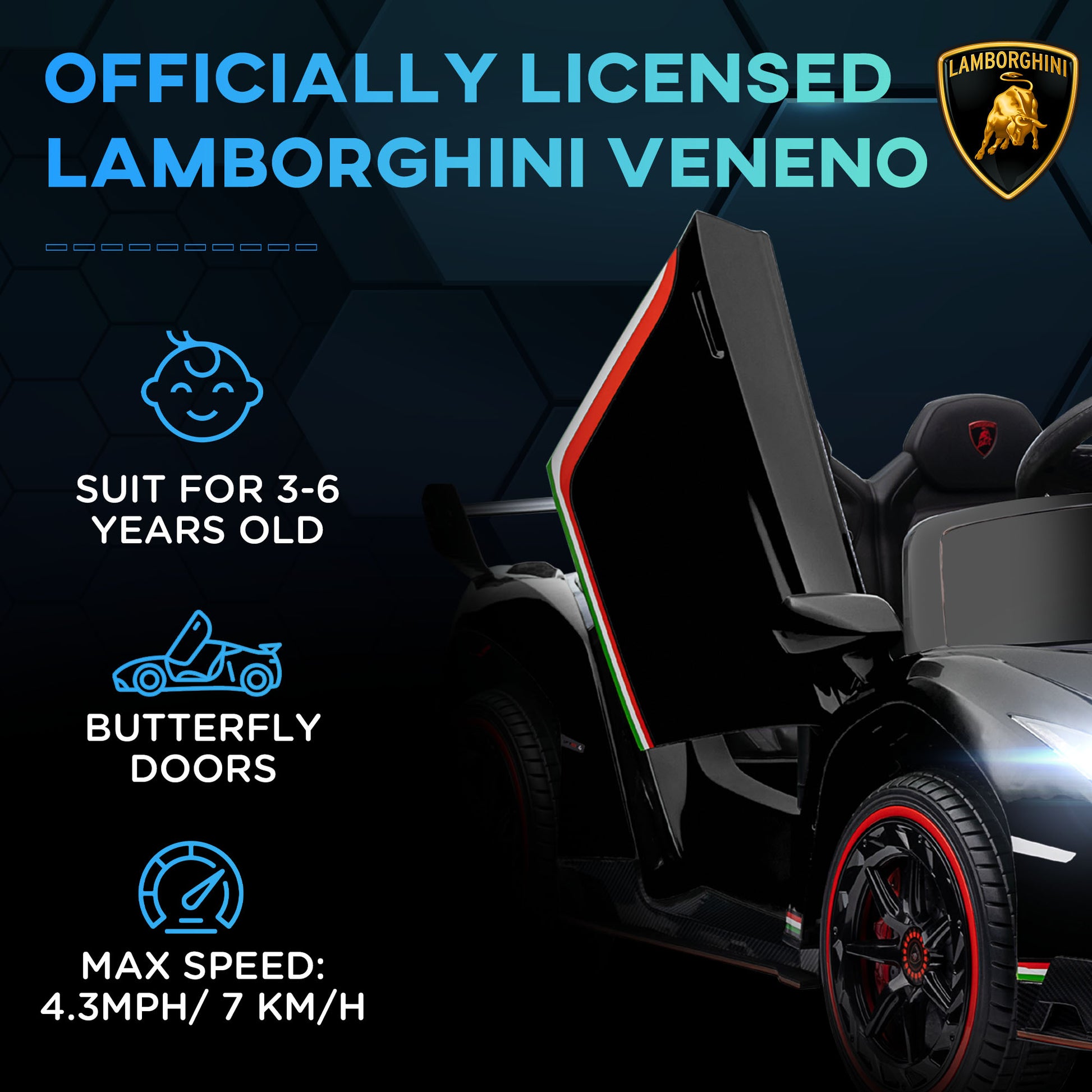 Aosom Lamborghini Veneno Licensed Kids Electric Car With Bluetooth, 12V Ride On Car With Butterfly Doors, Remote Control, Portable Battery, Suspension System, Horn, Songs, Lights, Black Black