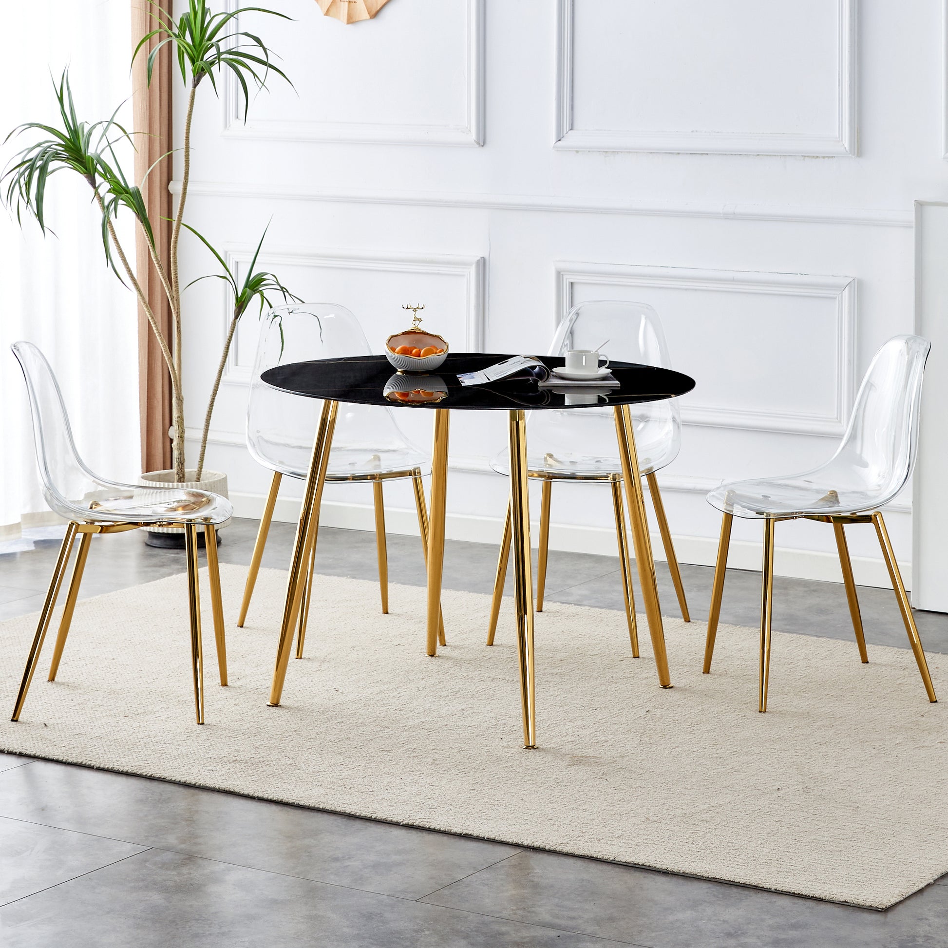 1 Table And 4 Chairs, A Modern Minimalist Circular Dining Table With A 40 Inch Black Imitation Marble Tabletop And Gold Plated Metal Legs, And 4 Modern Gold Plated Metal Leg Chairs. Black Gold Seats 4 Glass