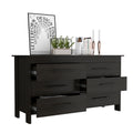 Double Dresser, Four Legs, 6 Drawer, Superior Top, Black Black Solid Wood Mdf Engineered Wood