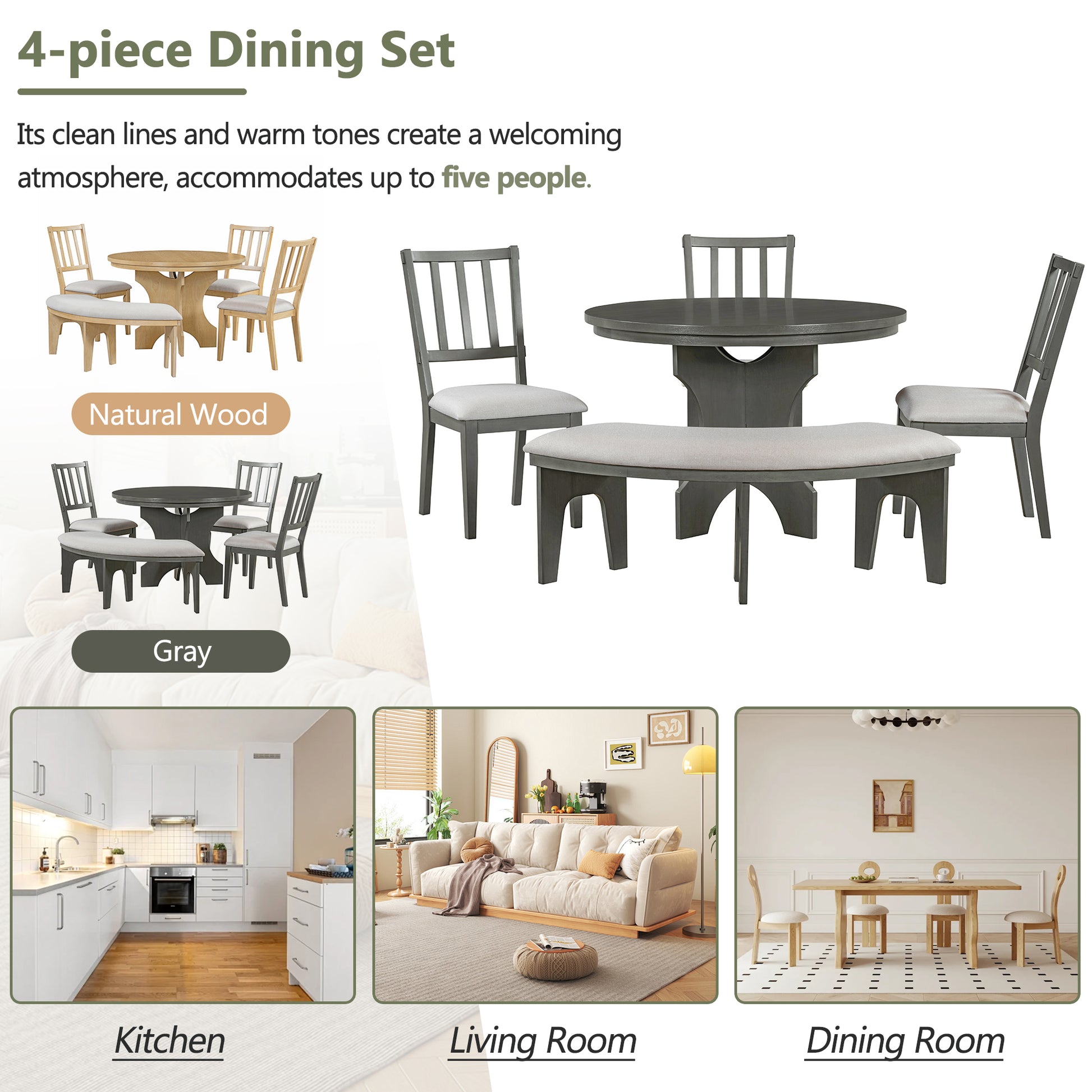 5 Piece Rustic Charm Round Dining Set With 3 Upholstered Chairs And Curved Bench For Dining Room, Kitchen And Living Room Gray Gray Rubber Wood