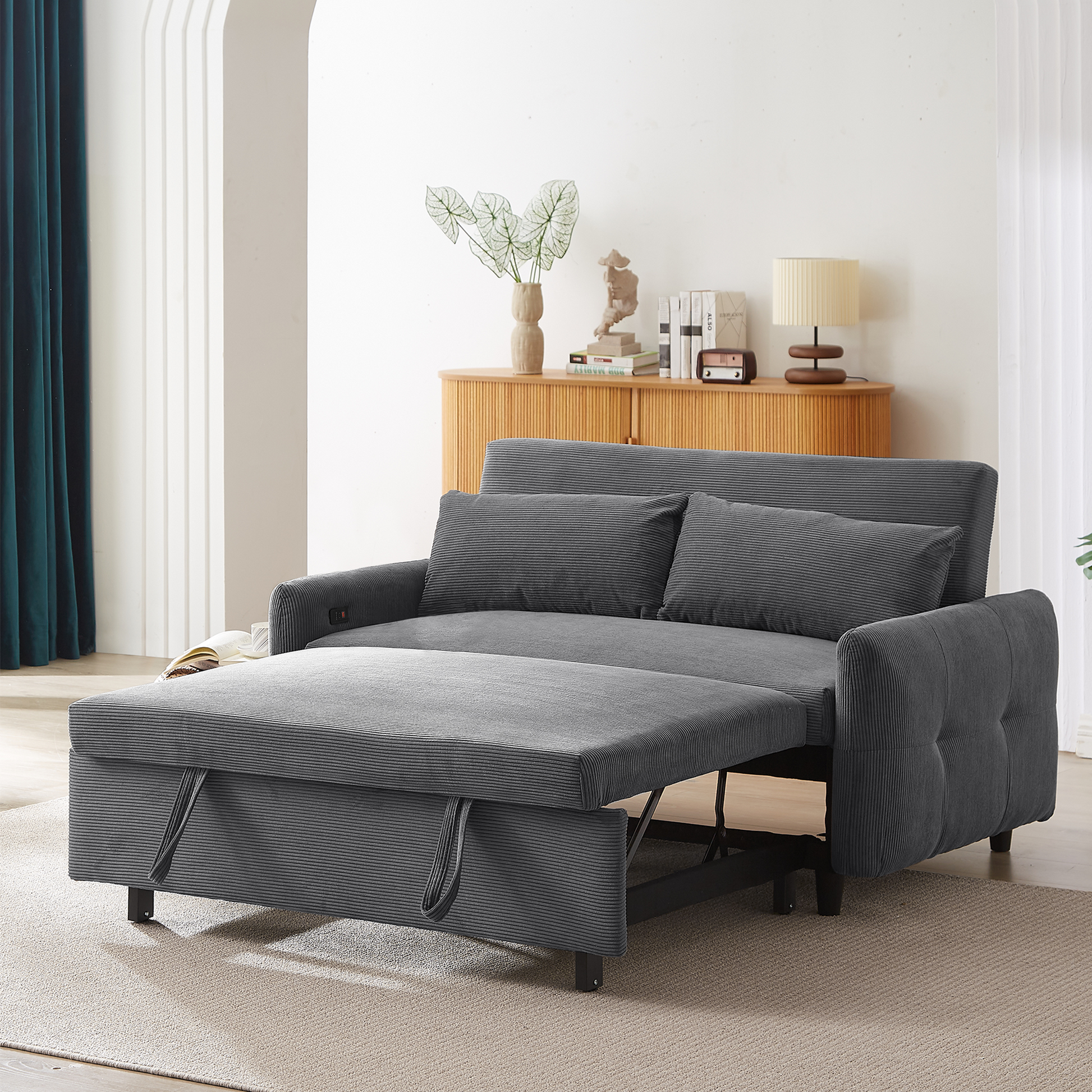 57.48" Pull Out Sofa Bed Convertible Couch 2 Seat Loveseat Sofa Modern Sleeper Sofa With Two Throw Pillows And Usb Ports For Living Room, Dark Grey Old Sku:Wf317760Aar Dark Grey Foam Corduroy 2 Seat