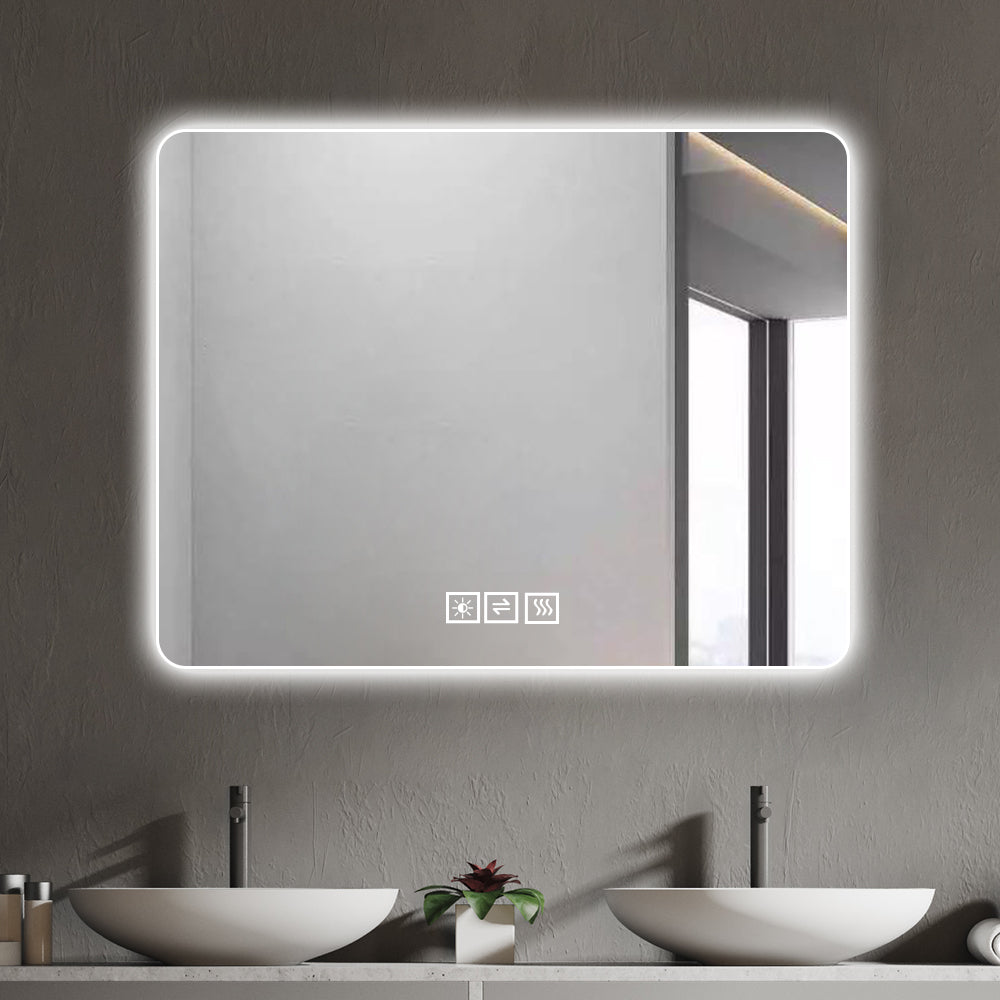 Bathroom Mirror With Led Lights Front And Backlit, Anti Fog Lighted Vanity Mirrors For Wall Mounted, 3 Colors And 5 Level Dimmable, Horizontal Vertical Clear Modern Glass