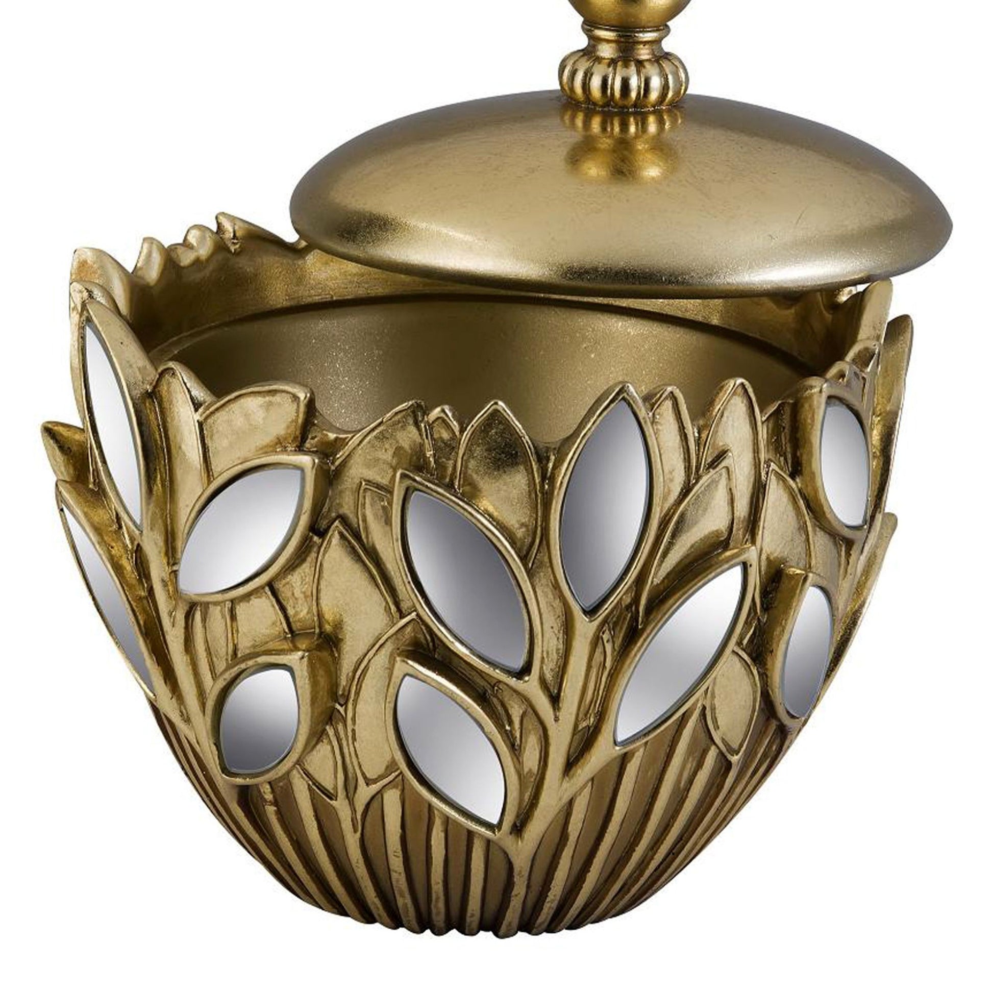 7.75" Tall Decorative Jewelry Box "Gaia, Gold Finish And Mirror Flower Accent Gold Polyresin